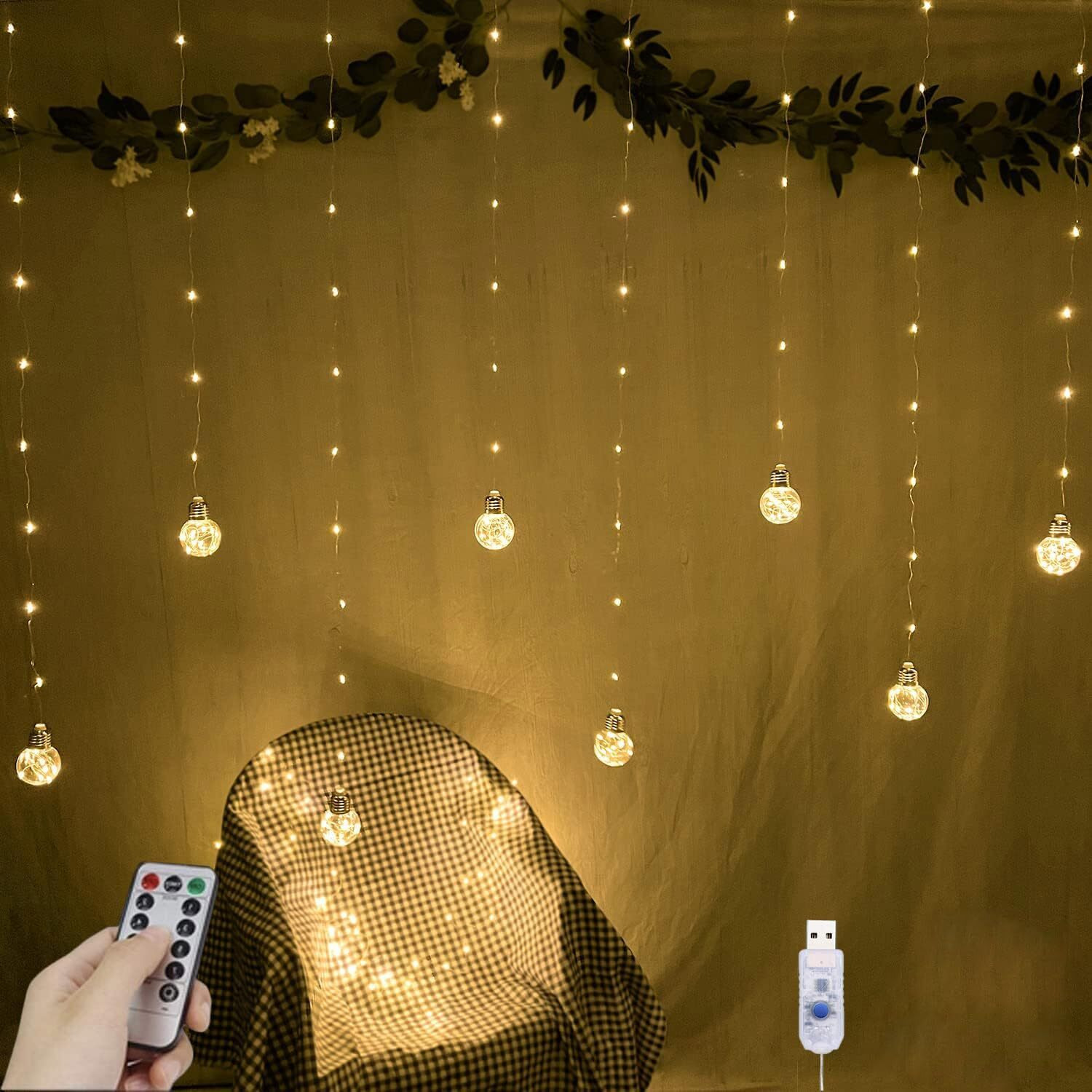 Xergy Wishing Ball Curtain Lights 200 Led Window Curtain String Lights With Remote, Usb Battery Powered Twinkle Globe Fairy Lights Diwali Lights For Decoration For Home Wedding Party Bedroom Christmas
