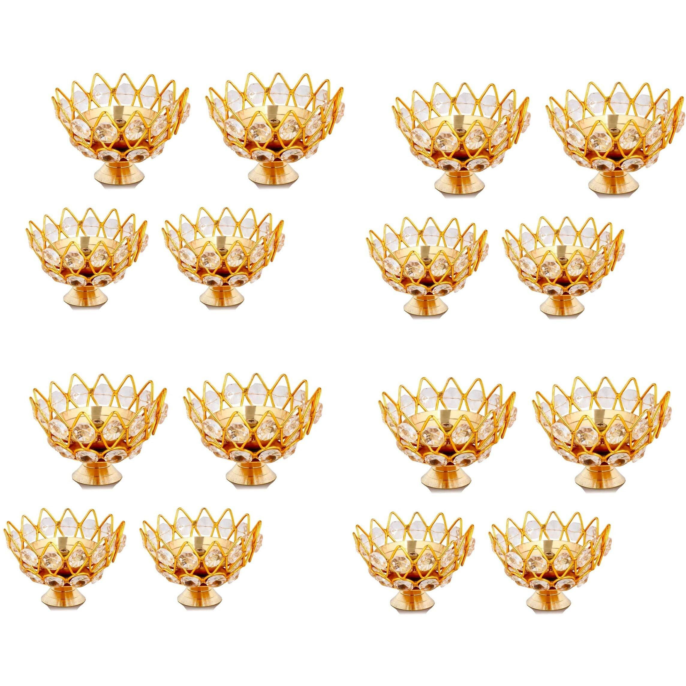 Collectible India Golden Brass Crystal Lotus Kamal Shape Round Akhand Diya Jyoti Oil Lamp For Home Puja Pooja Temple Mandir Diwali Decoration Items