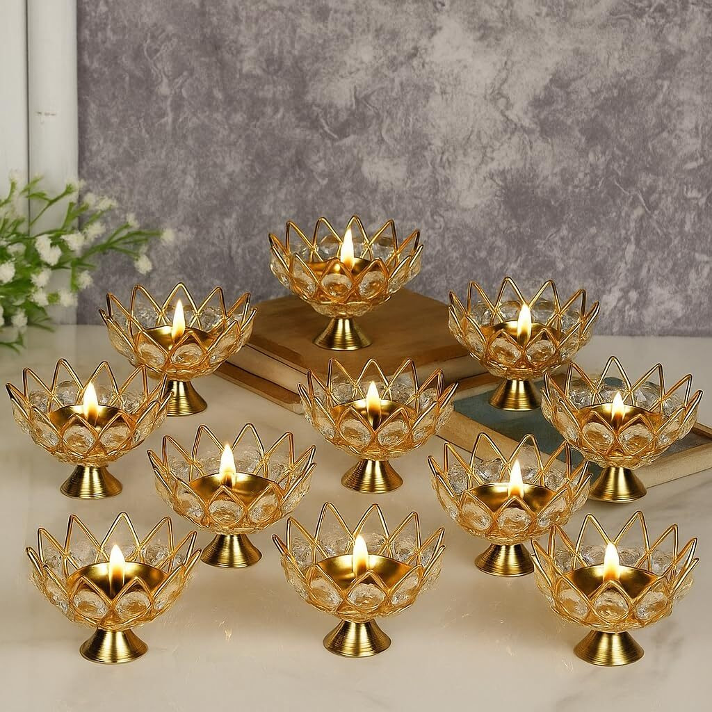 Collectible India Golden Brass Crystal Lotus Kamal Shape Round Akhand Diya Jyoti Oil Lamp For Home Puja Pooja Temple Mandir Diwali Decoration Items