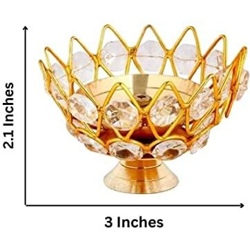 Collectible India Golden Brass Crystal Lotus Kamal Shape Round Akhand Diya Jyoti Oil Lamp For Home Puja Pooja Temple Mandir Diwali Decoration Items