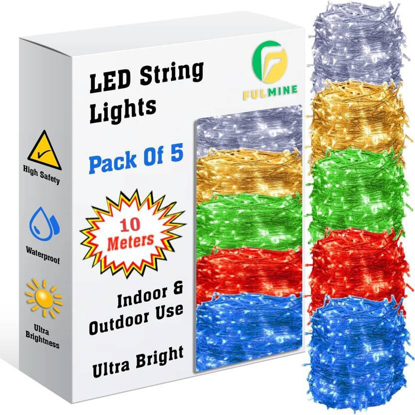 Fulmine 20 Led String Lights Serial Bulbs Ladi Decoration Lighting For Diwali Christmas (10 Meters) - Set Of 5, Multicolour