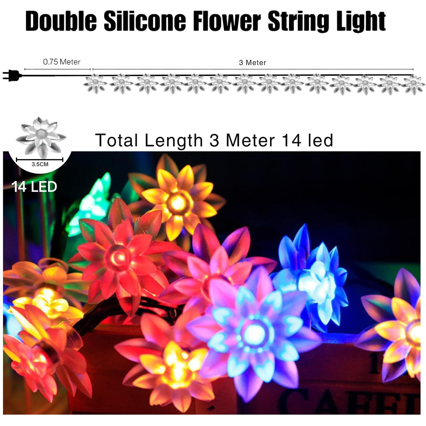 One94Store 14 Led Double Silicone Flower String Lights  3 Meter Multicolor Lotus Fairy Lights, Plug-In Waterproof Decorative Lights For Home, Indoor Outdoor, Diwali & Christmas Decoration