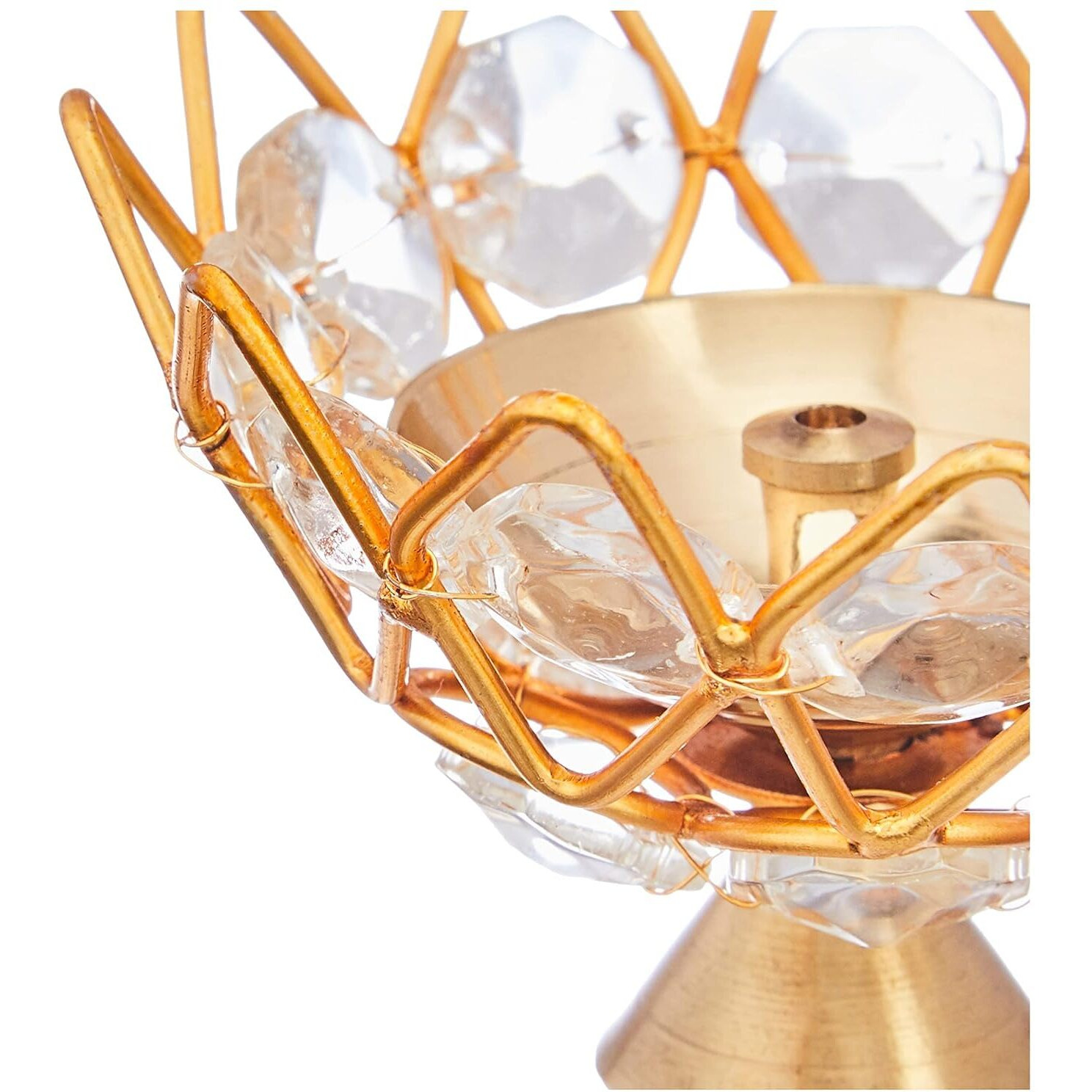 Collectible India Brass Crystal Bowl Design Akhand Diya Oil Lamp Stand For Puja Home Diwali Decoration (Golden) Pack Of 12