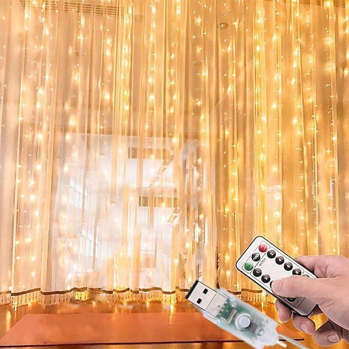 Lexton 300 Led Copper String Light With Remote | 8 Modes, Usb Powered, 3Mx3M Copper Wire String Light With Hanging Hooks | Decoration For Diwali, Christmas, Curtain Lights (Warm White, Pack Of 1)