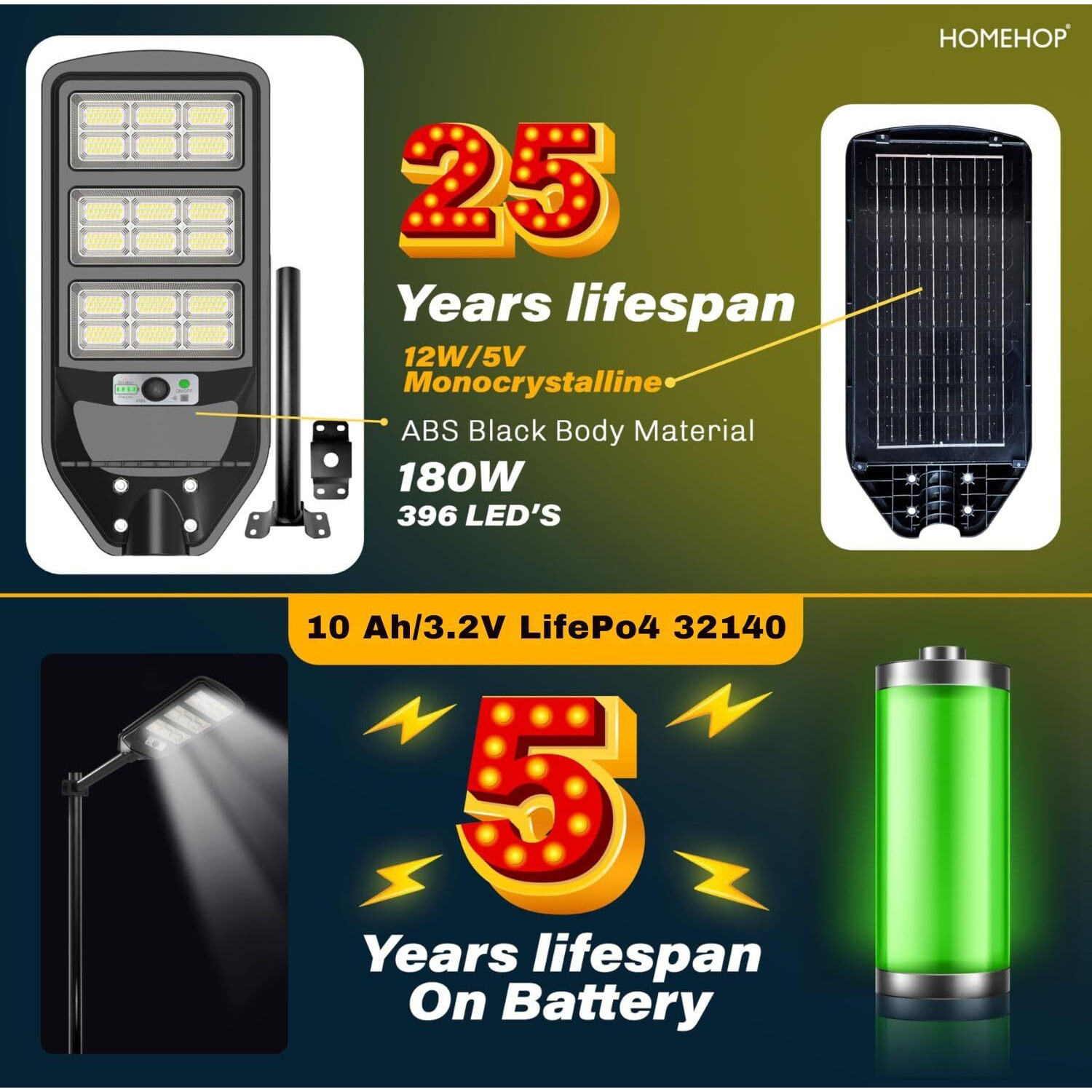 Homehop Outdoor Solar Light Waterproof Street Night Lamp 396 Led With Motion Sensor For,Garden, Pathway, Home, Automatic With Pole (Abs- Cool Light)