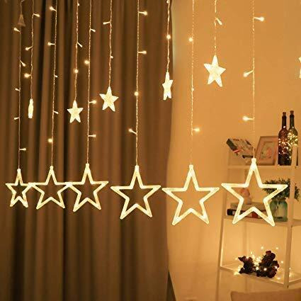 Doji Star Curtain Lights 12 Stars,138 Led String Led Light 2.5 Meter For Christmas Decoration-Strip Led Light For Party,Birthday,Valentine,Room Decor-Christmas (Warm White)