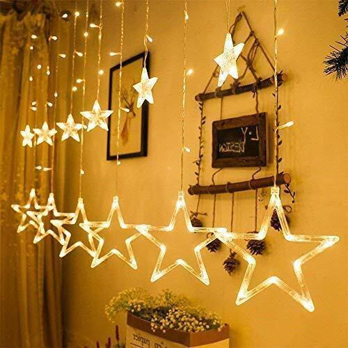 Doji Star Curtain Lights 12 Stars,138 Led String Led Light 2.5 Meter For Christmas Decoration-Strip Led Light For Party,Birthday,Valentine,Room Decor-Christmas (Warm White)