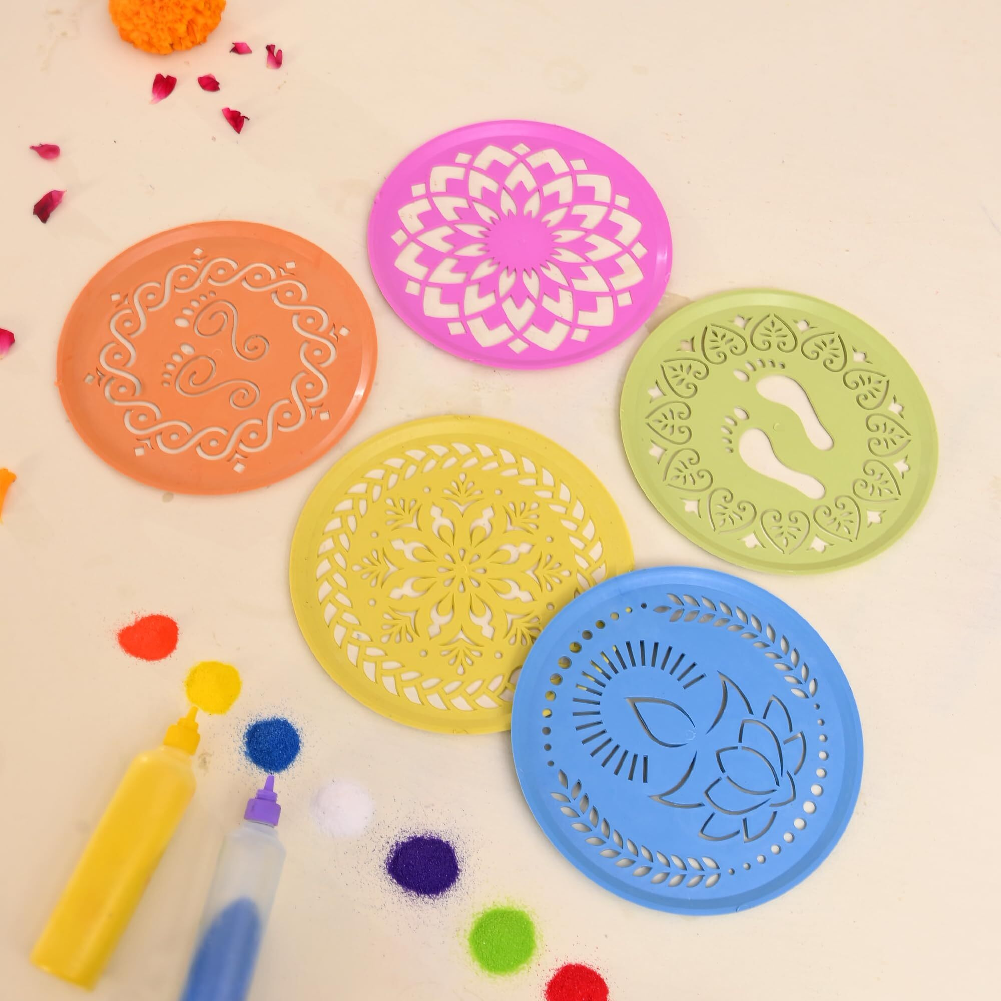 Craftvatika Rangoli Stencil Set Of 12, Diwali Decoration Items, Rangoli Making Stencils For Floor Decorations, Reusebale Rangoli Stencils (15.5 Cm Round)