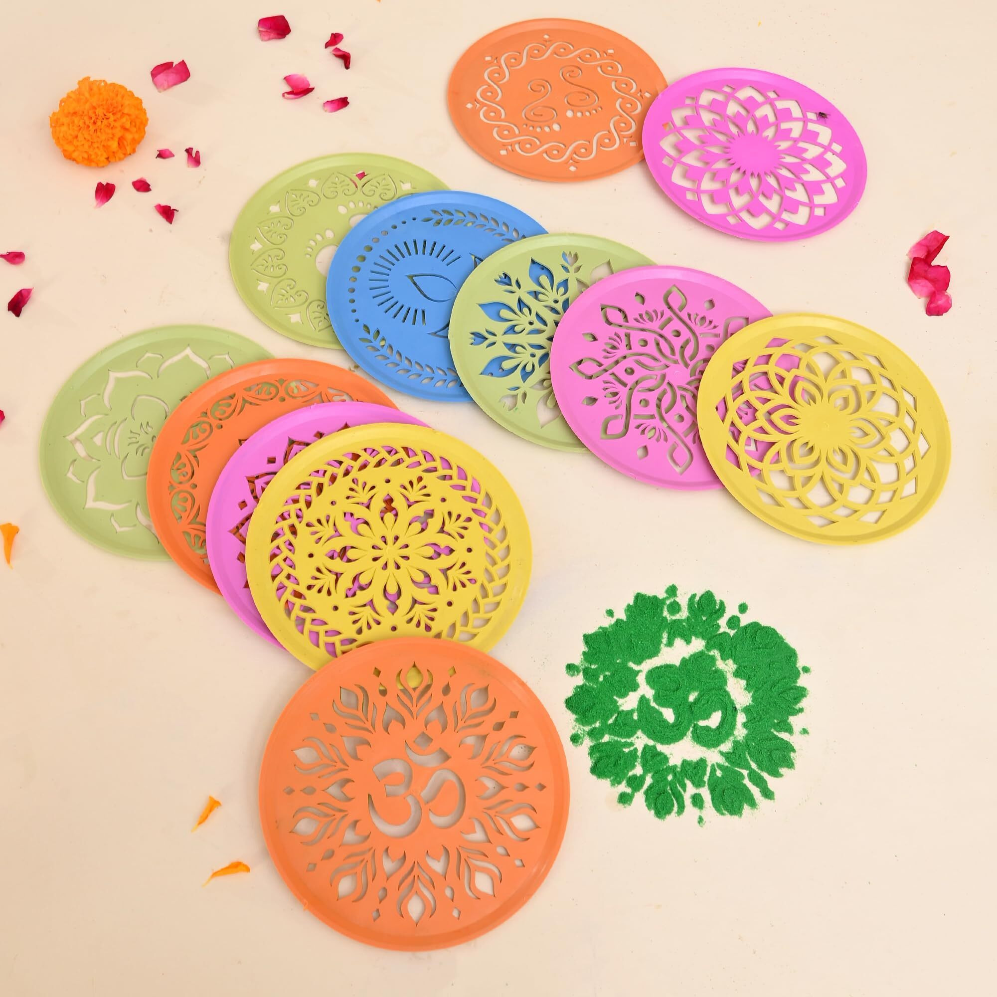 Craftvatika Rangoli Stencil Set Of 12, Diwali Decoration Items, Rangoli Making Stencils For Floor Decorations, Reusebale Rangoli Stencils (15.5 Cm Round)