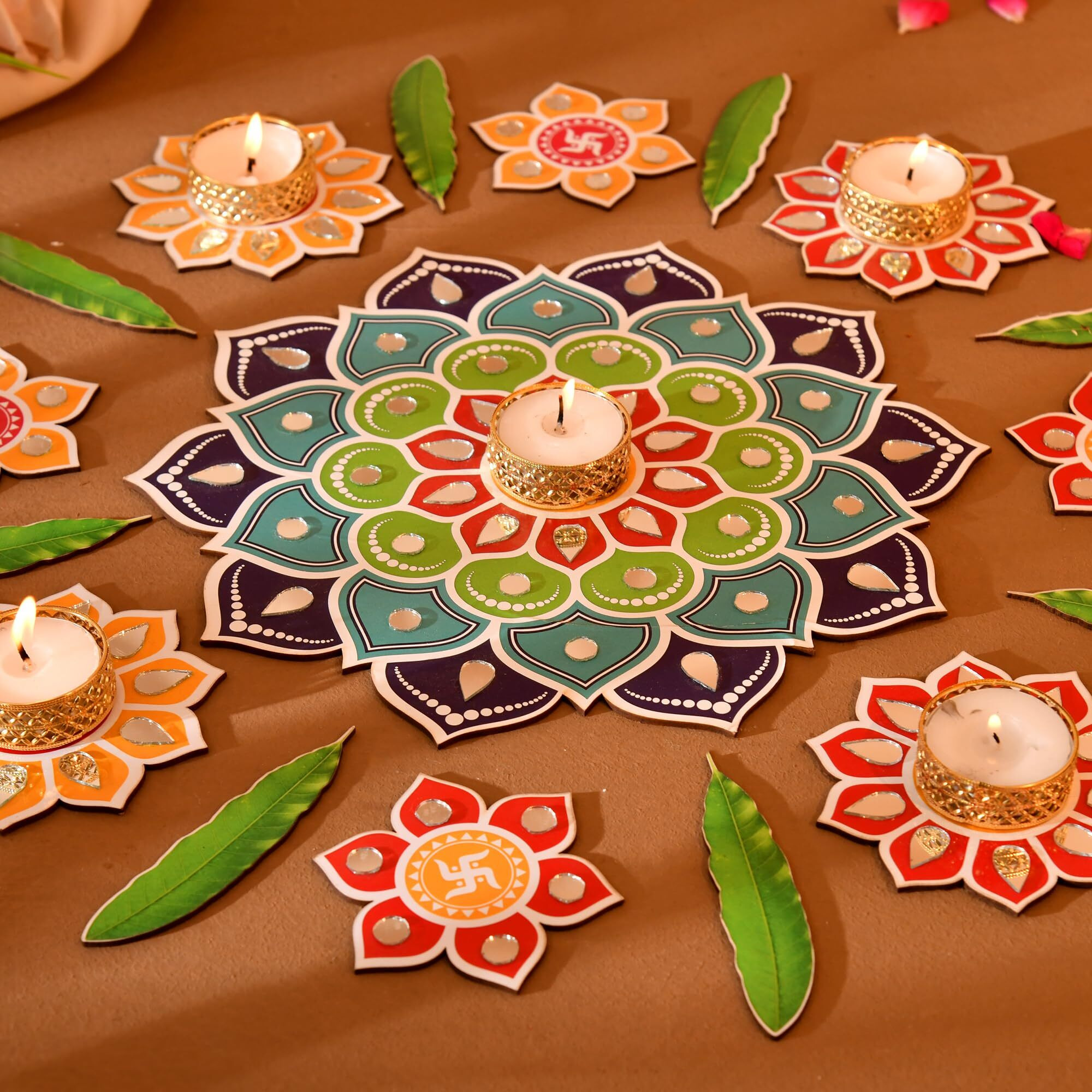 Craftvatika Diwali Decor Items, Readymade Rangoli For Floor Reusable Mdf Rangoli Cutouts For Floor Decoration Handcrafted Rangoli Diwali Wedding Festival Home Decoration (17 Pcs)