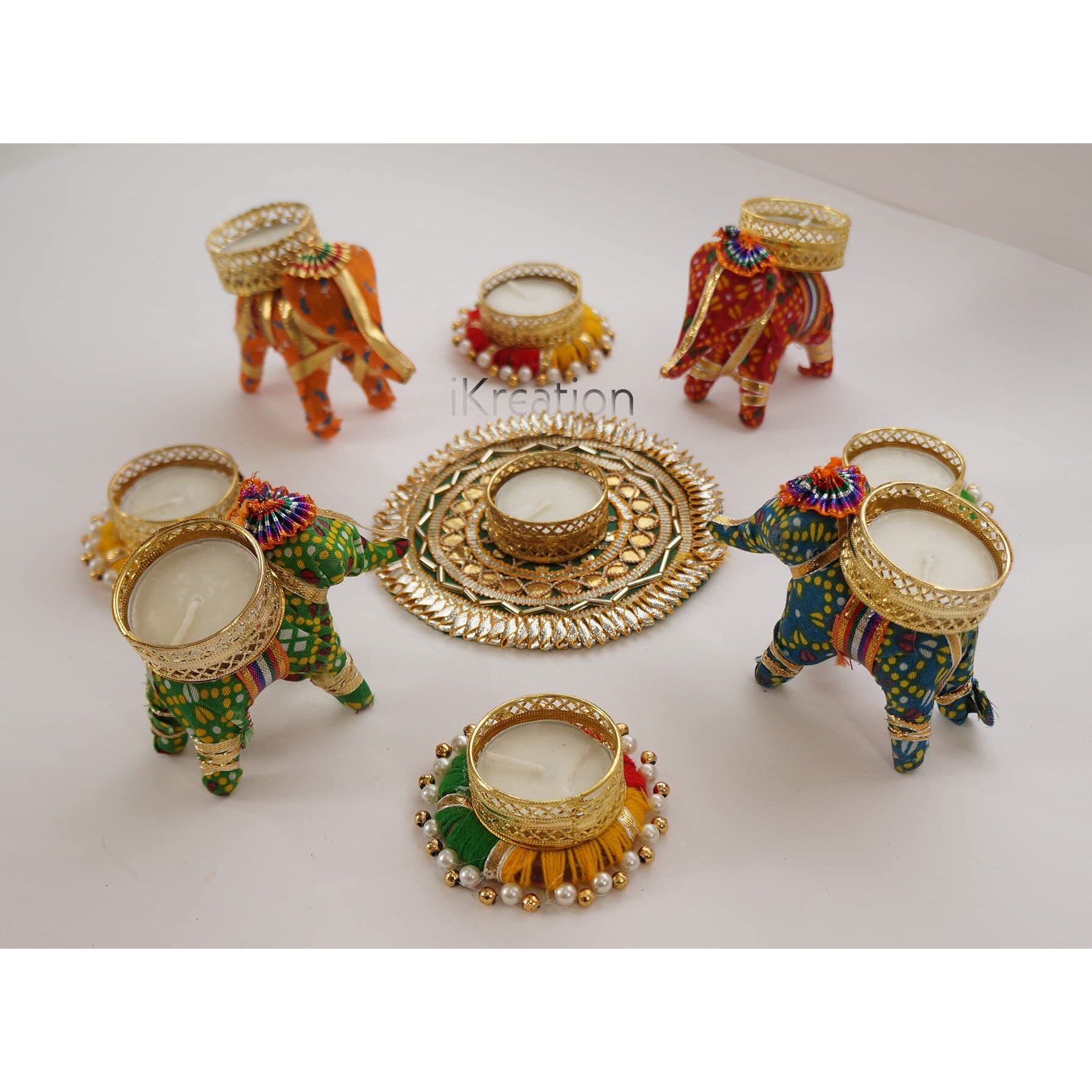 Ikreation Gota Patti Patches Round And Elephant Diya Rangoli/Diwali Gift/Diwali Diya/Festival Decoration (Multicolor) (9 Pcs) (31 Cm X 31 Cm)