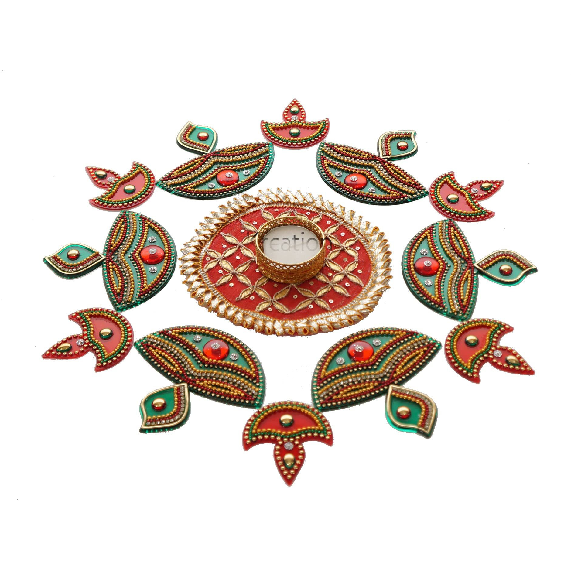 Ikreation Big Gota Patch And Acrylic Diya Rangoli With Candle Holder (B8)- 13 Pcs (Diya And Gota Patch) (Red And Green) (37 Cm X 37 Cm)