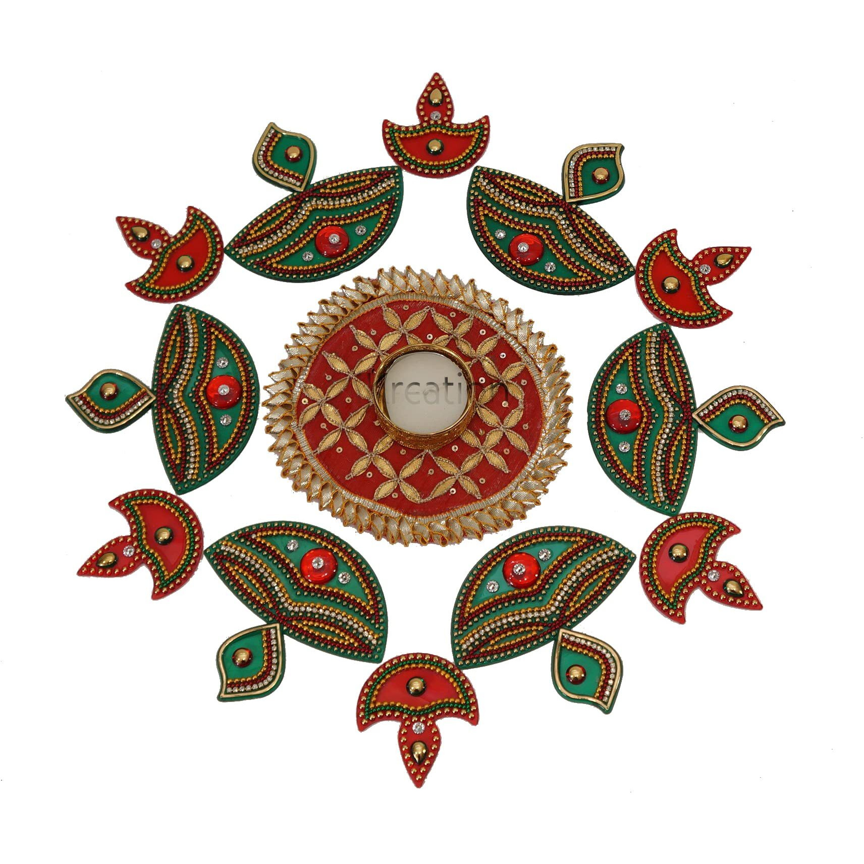 Ikreation Big Gota Patch And Acrylic Diya Rangoli With Candle Holder (B8)- 13 Pcs (Diya And Gota Patch) (Red And Green) (37 Cm X 37 Cm)