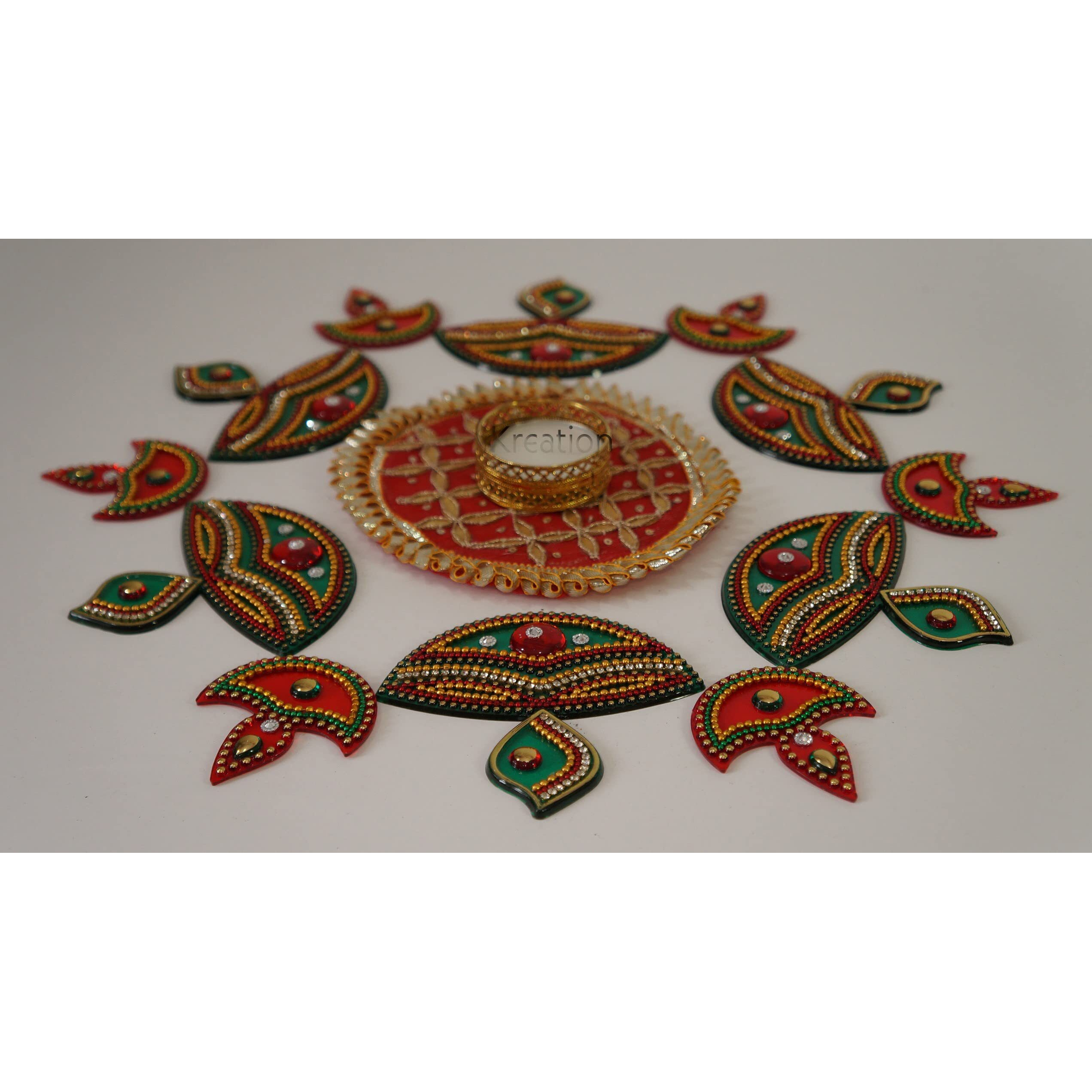 Ikreation Big Gota Patch And Acrylic Diya Rangoli With Candle Holder (B8)- 13 Pcs (Diya And Gota Patch) (Red And Green) (37 Cm X 37 Cm)