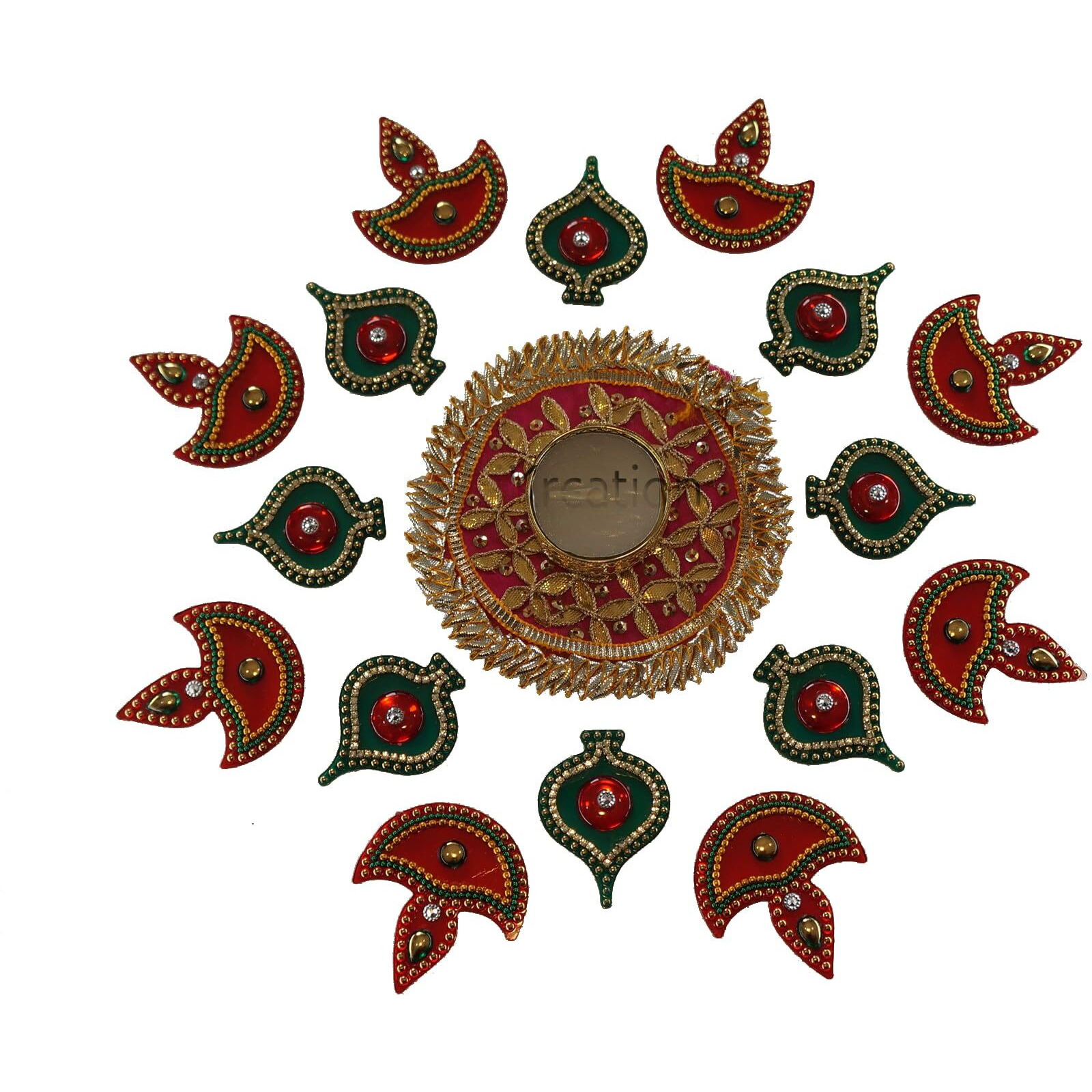 Ikreation Acrylic Baby Rangoli With Gota Patch And Tea Light Candle Holder - 17 Pcs (B9) (Diya, Ekka & Gota Patch) (Red, Green & Pink) (30 Cm X 30 Cm)