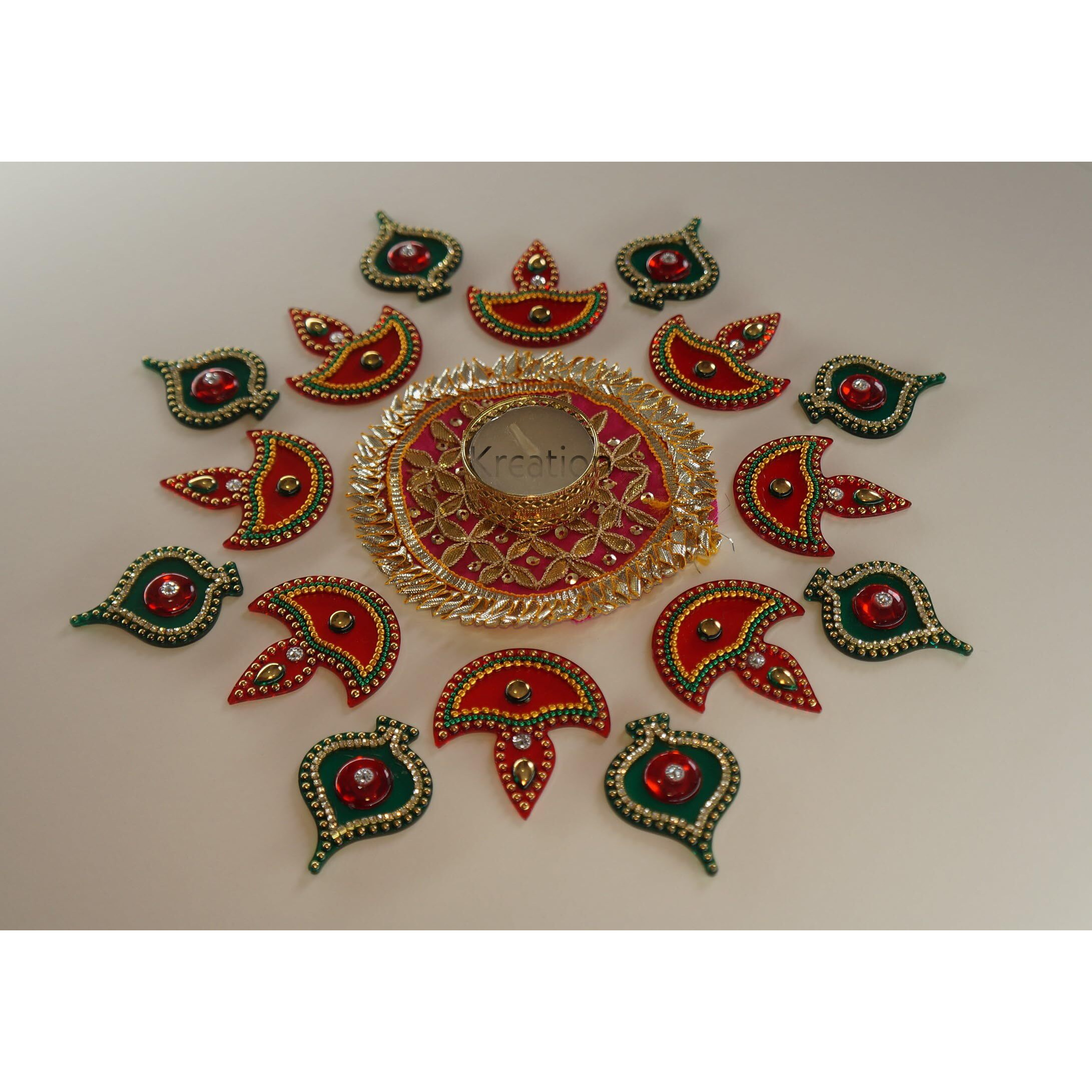 Ikreation Acrylic Baby Rangoli With Gota Patch And Tea Light Candle Holder - 17 Pcs (B9) (Diya, Ekka & Gota Patch) (Red, Green & Pink) (30 Cm X 30 Cm)