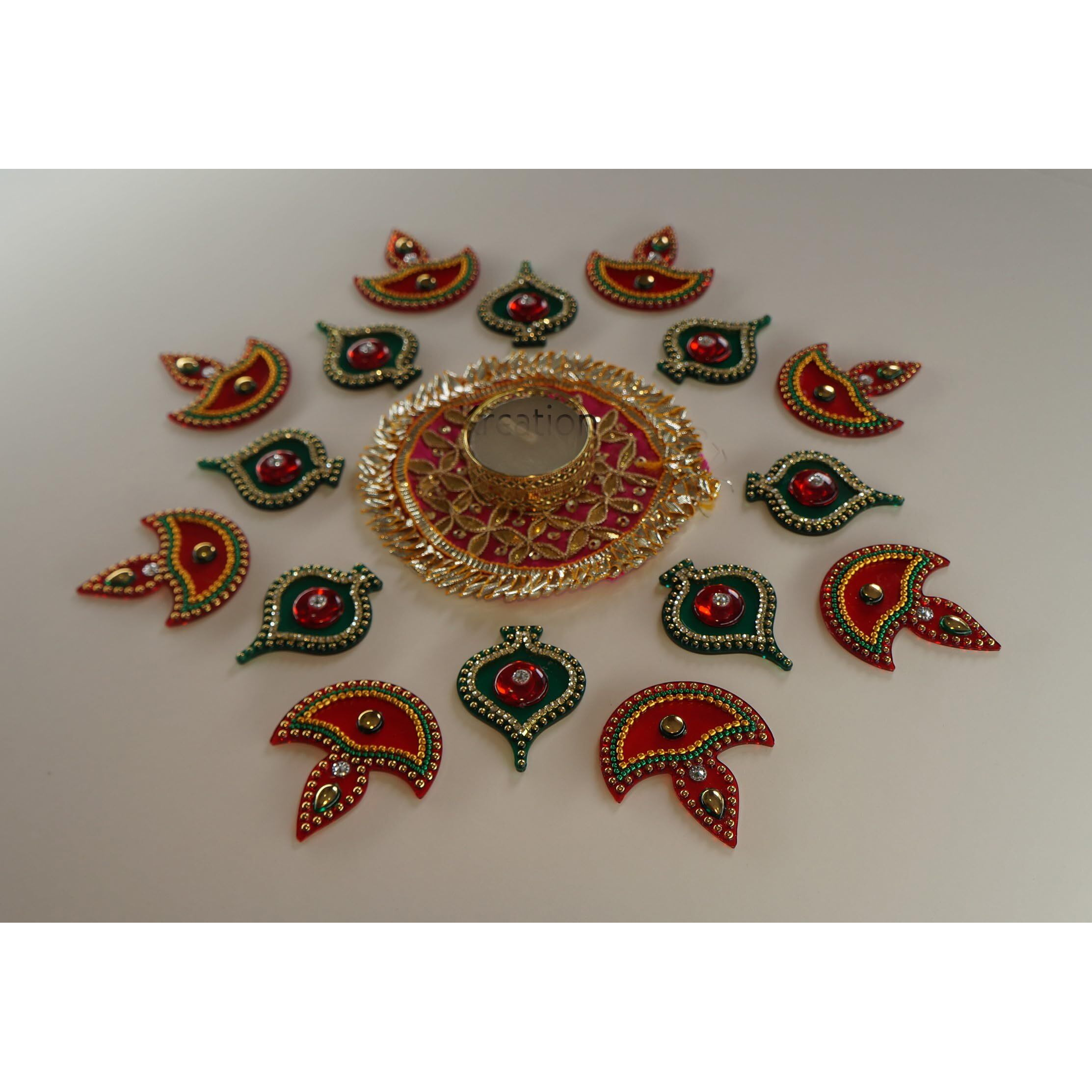Ikreation Acrylic Baby Rangoli With Gota Patch And Tea Light Candle Holder - 17 Pcs (B9) (Diya, Ekka & Gota Patch) (Red, Green & Pink) (30 Cm X 30 Cm)