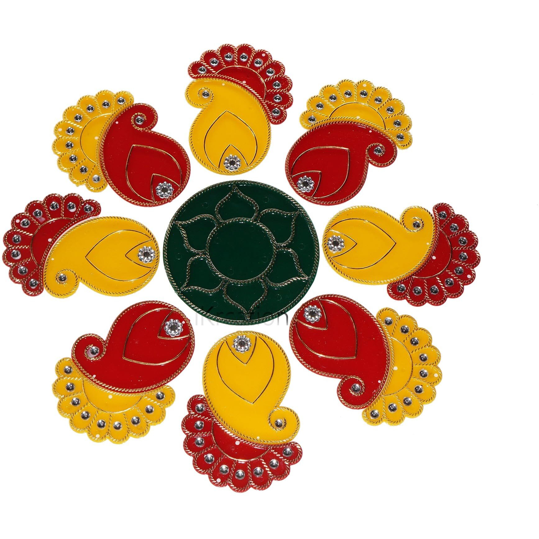 Ikreation Acrylic Colour Filling Rangoli Patch In Round, Kari N Fan Shape (Yellow, Red N Green | 17 Pcs | Empty Rangoli Bottle (1-Pcs) | 32 Cm X 32 Cm)