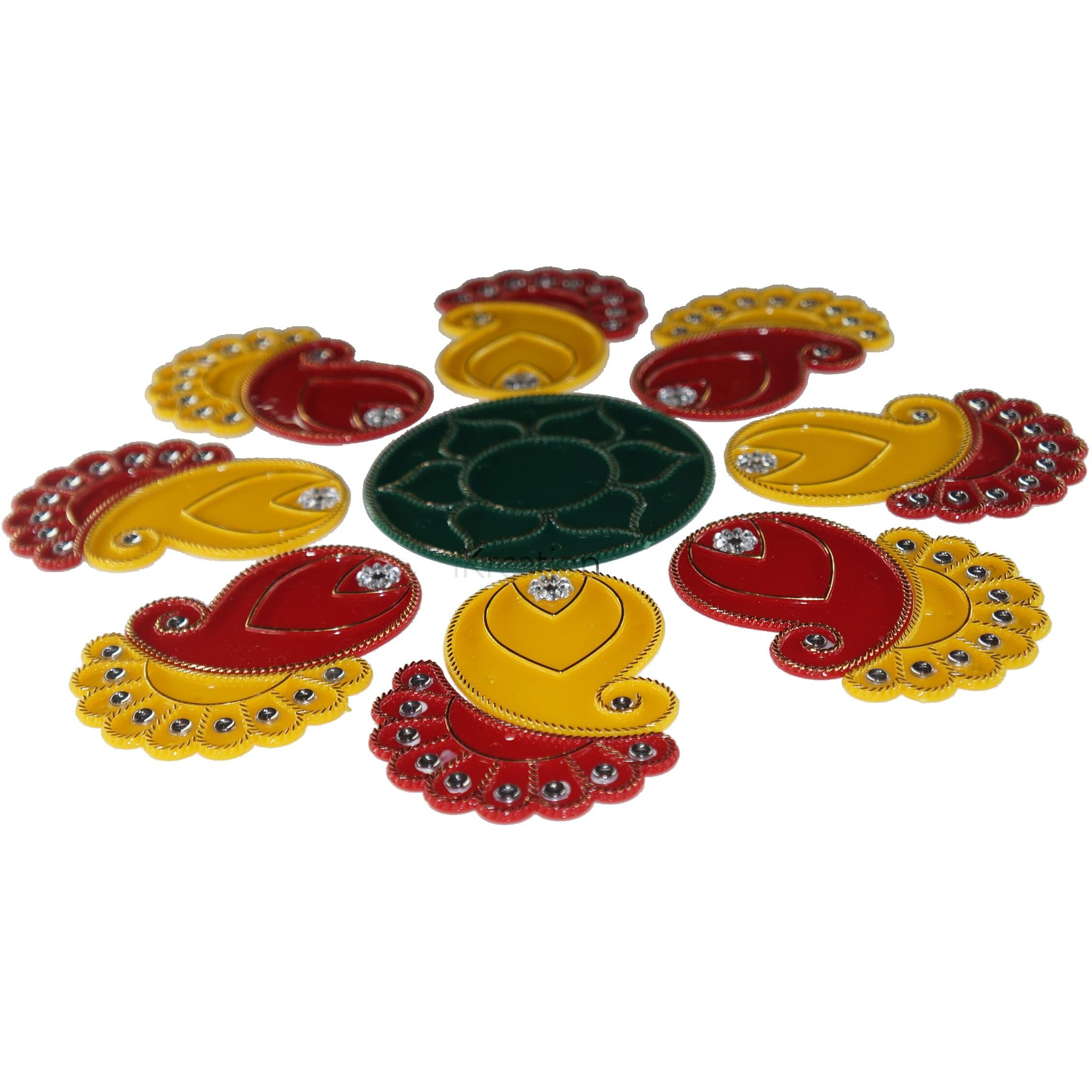Ikreation Acrylic Colour Filling Rangoli Patch In Round, Kari N Fan Shape (Yellow, Red N Green | 17 Pcs | Empty Rangoli Bottle (1-Pcs) | 32 Cm X 32 Cm)