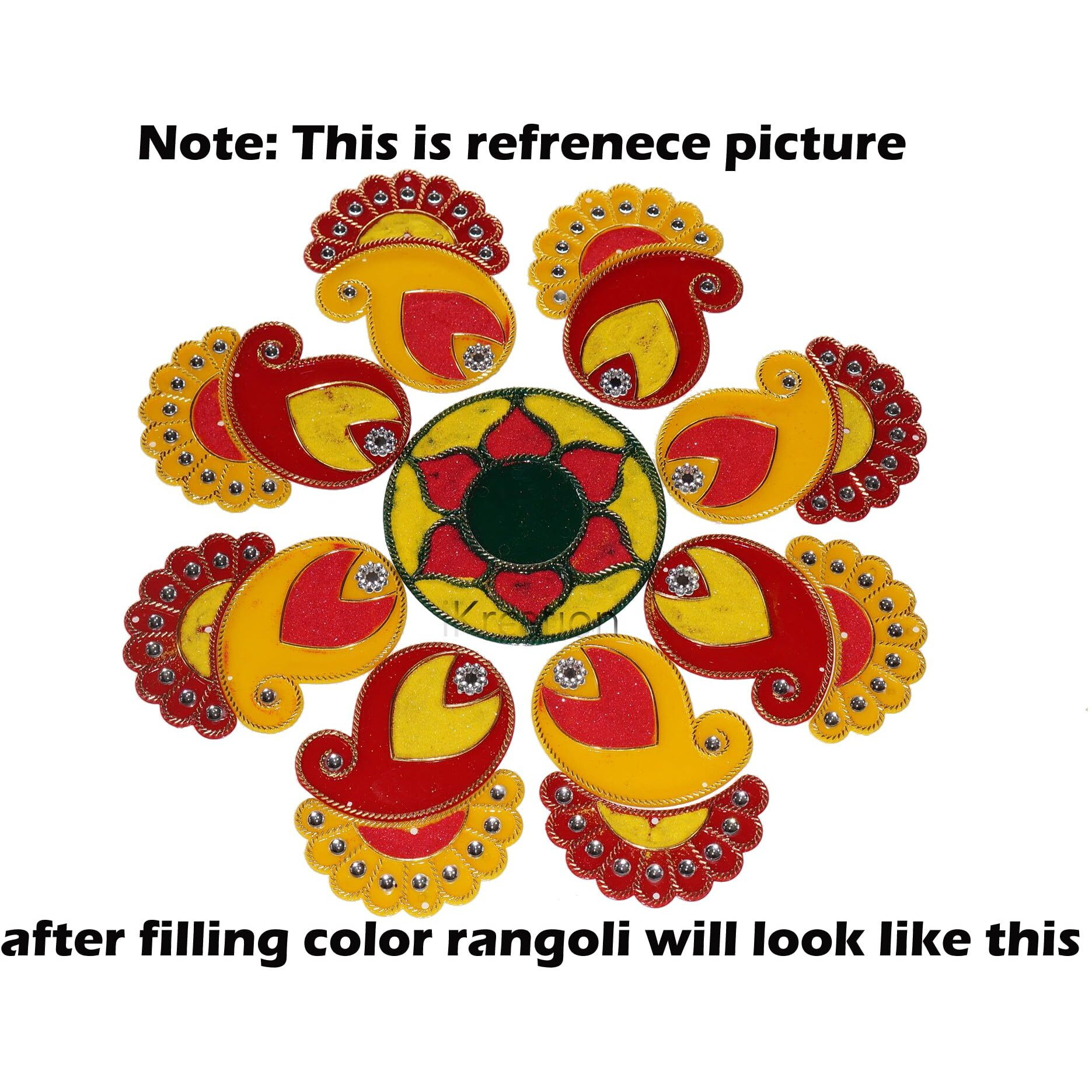Ikreation Acrylic Colour Filling Rangoli Patch In Round, Kari N Fan Shape (Yellow, Red N Green | 17 Pcs | Empty Rangoli Bottle (1-Pcs) | 32 Cm X 32 Cm)