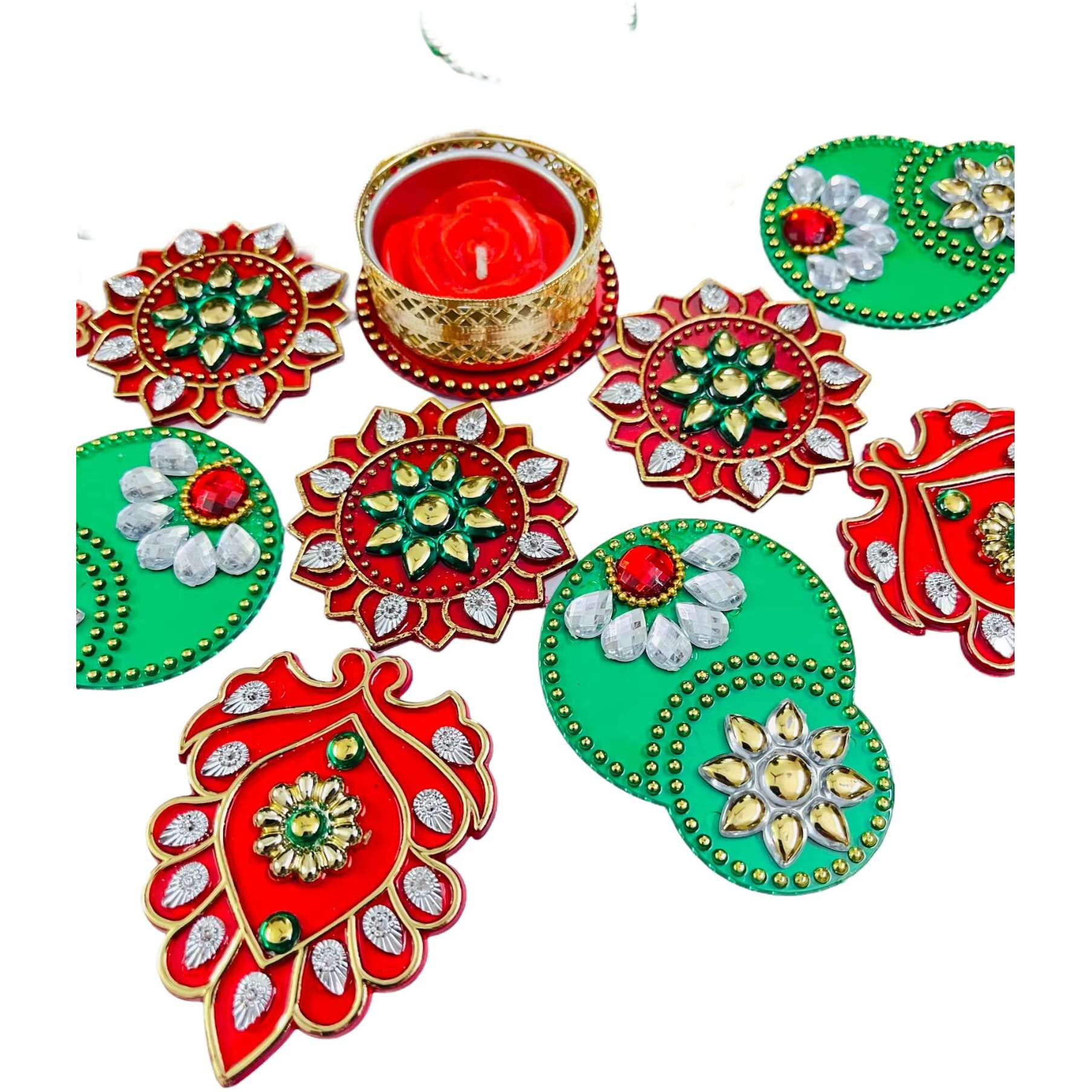 Krisah Medium Size 16 Pieces Set Acrylic Rangoli With T Light Holder Multi Color Handicraft Jewel Stone Decorations