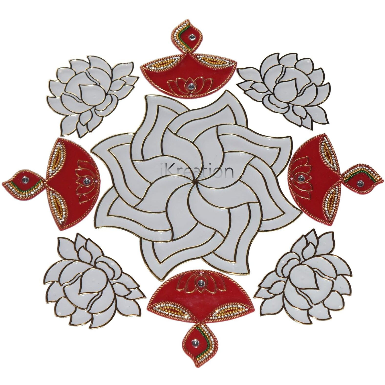 Ikreation Acrylic Colour Filling Rangoli Patch In Flower, Lotus N Diya Shape (White N Red | 9 Pcs | Empty Rangoli Bottle (1-Pcs) | 33 Cm X 33 Cm)