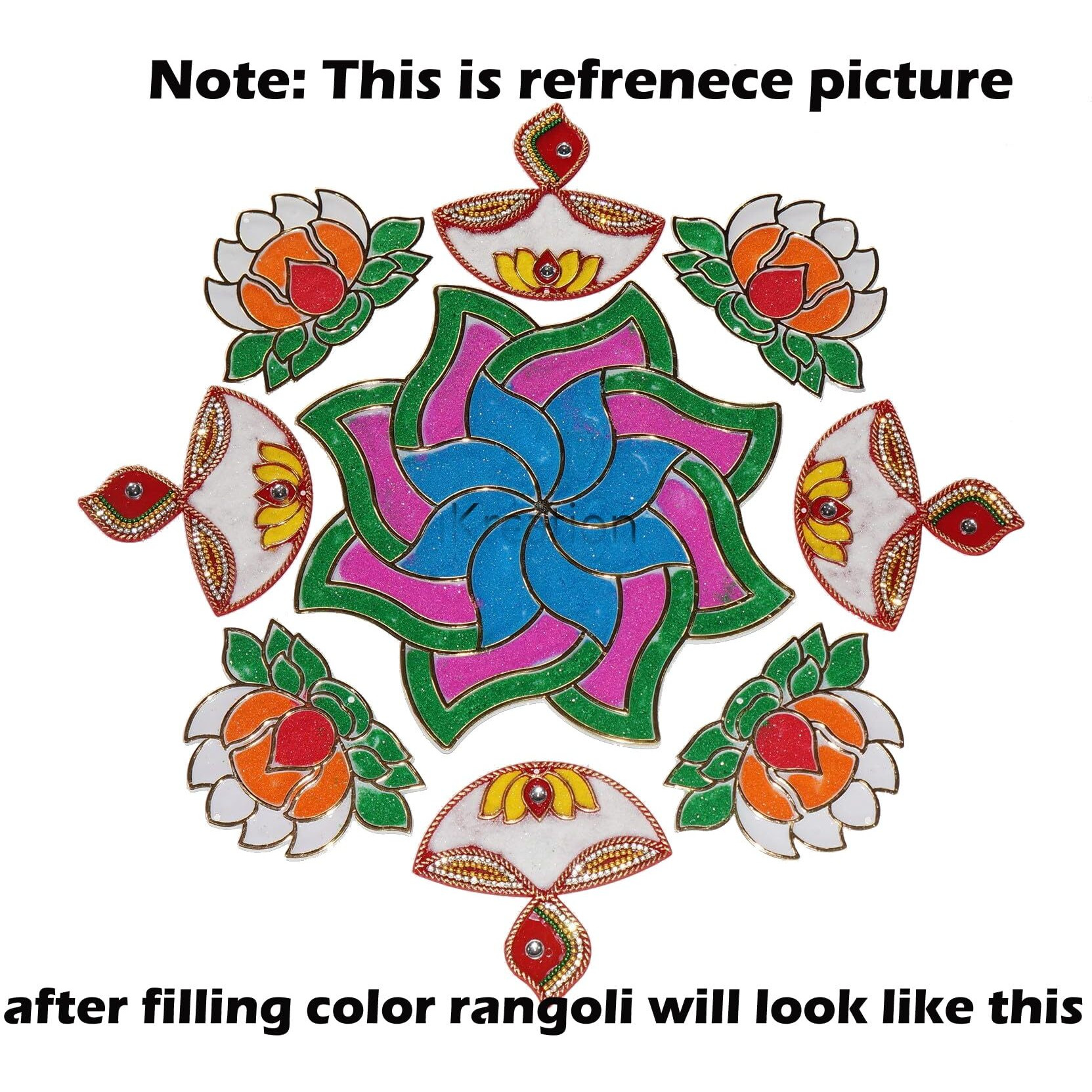 Ikreation Acrylic Colour Filling Rangoli Patch In Flower, Lotus N Diya Shape (White N Red | 9 Pcs | Empty Rangoli Bottle (1-Pcs) | 33 Cm X 33 Cm)