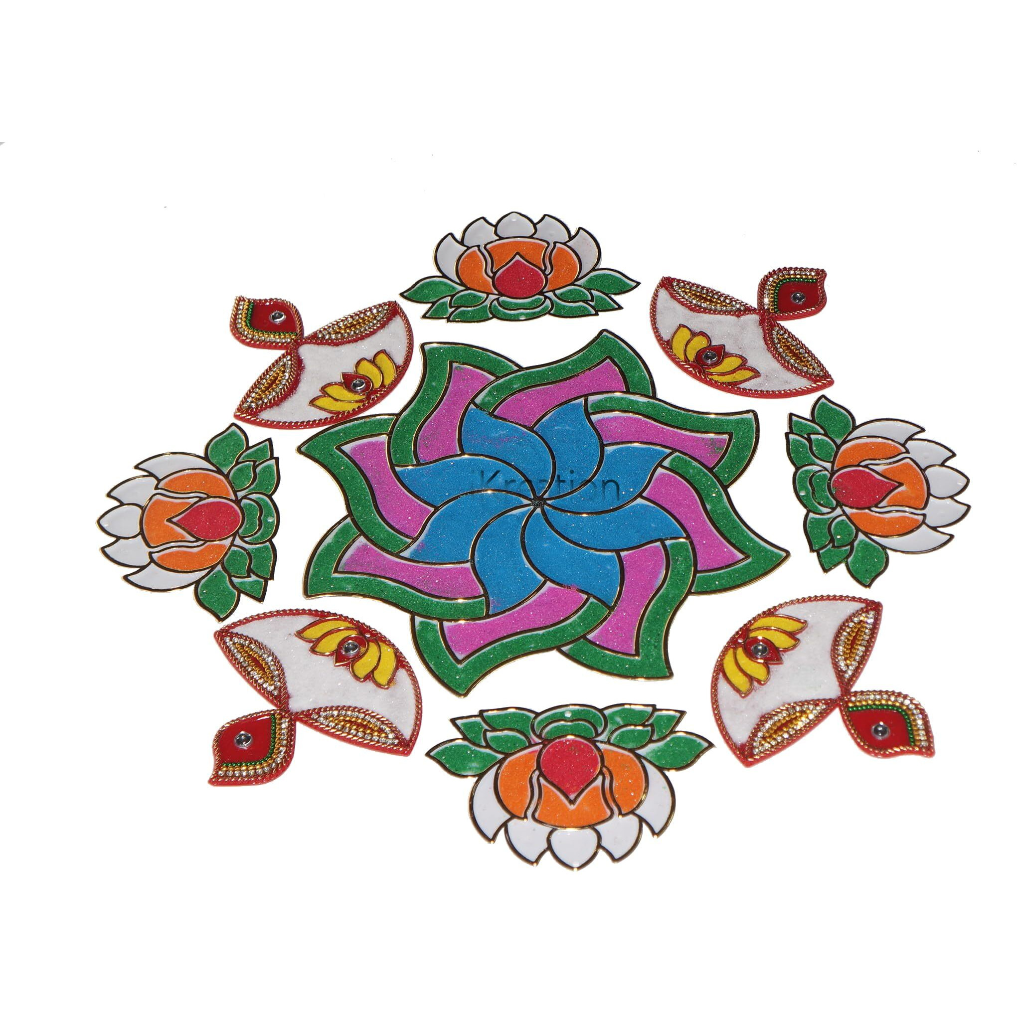 Ikreation Acrylic Colour Filling Rangoli Patch In Flower, Lotus N Diya Shape (White N Red | 9 Pcs | Empty Rangoli Bottle (1-Pcs) | 33 Cm X 33 Cm)