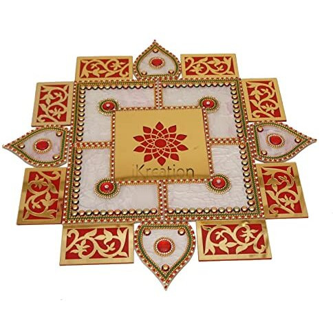 Ikreation Acrylic Square Shape Rangoli S-303 (17 Pcs) (Red, White And Gold) (40.5 Cm X 40.5 Cm)