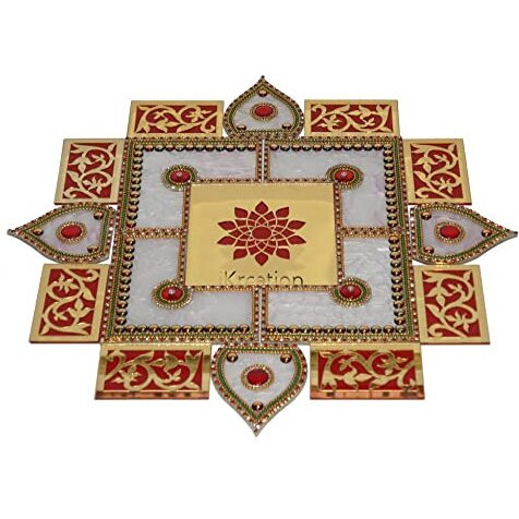 Ikreation Acrylic Square Shape Rangoli S-303 (17 Pcs) (Red, White And Gold) (40.5 Cm X 40.5 Cm)