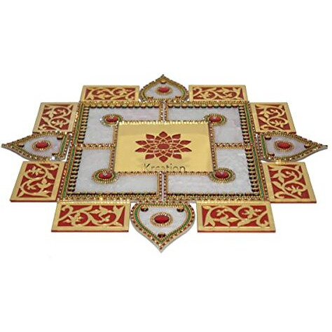 Ikreation Acrylic Square Shape Rangoli S-303 (17 Pcs) (Red, White And Gold) (40.5 Cm X 40.5 Cm)