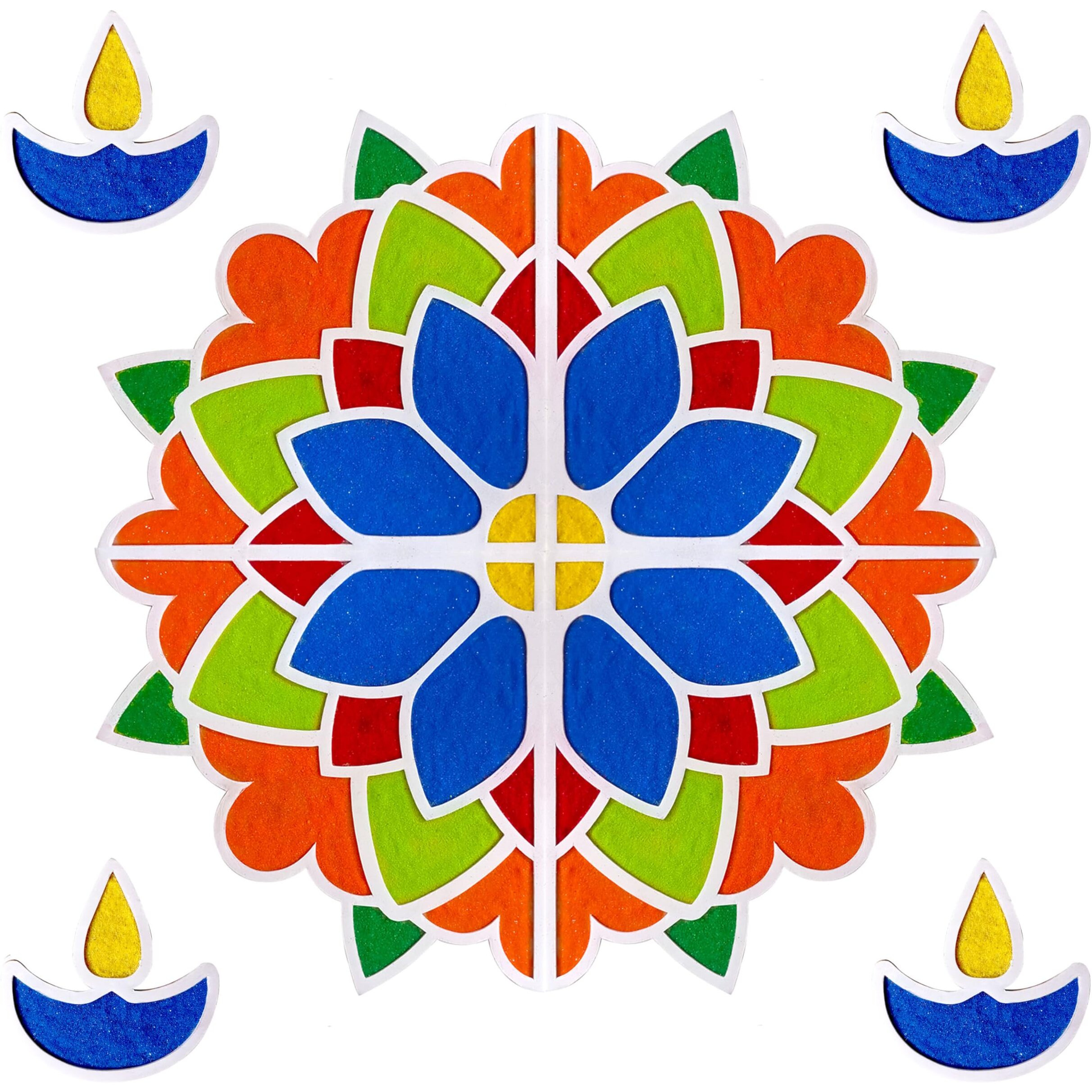 Solobolo Diy Rangoli Mats For Pooja Decoration, 4 Pieces Mdf 18 Inches Lotus Flower Rangoli Stencils For Door Entrance Big Size, 6 Rangoli Powder Colors, 2 Diwali Diya For Home Decor