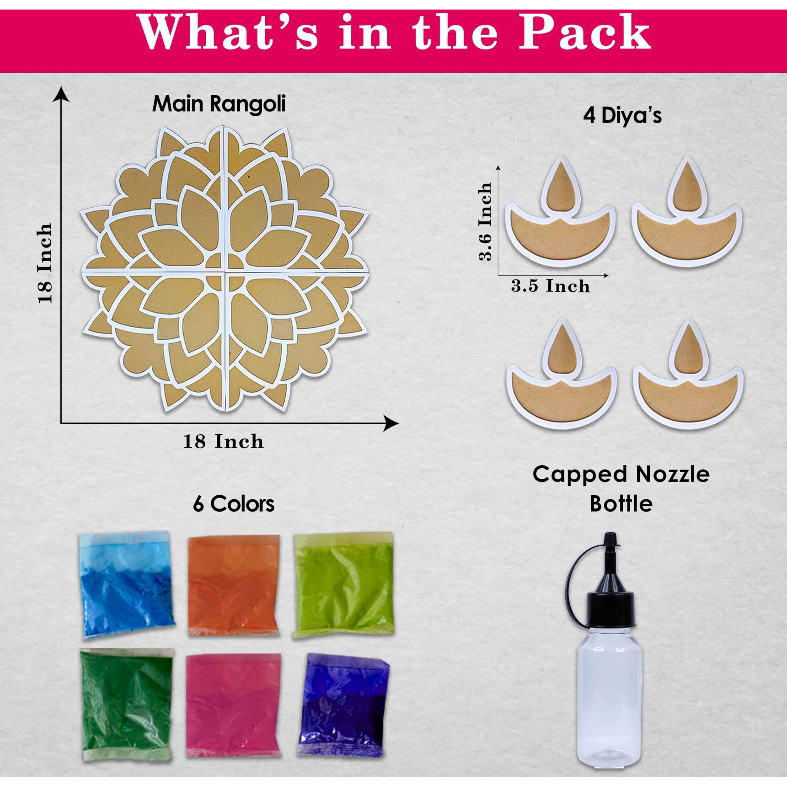 Solobolo Diy Rangoli Mats For Pooja Decoration, 4 Pieces Mdf 18 Inches Lotus Flower Rangoli Stencils For Door Entrance Big Size, 6 Rangoli Powder Colors, 2 Diwali Diya For Home Decor