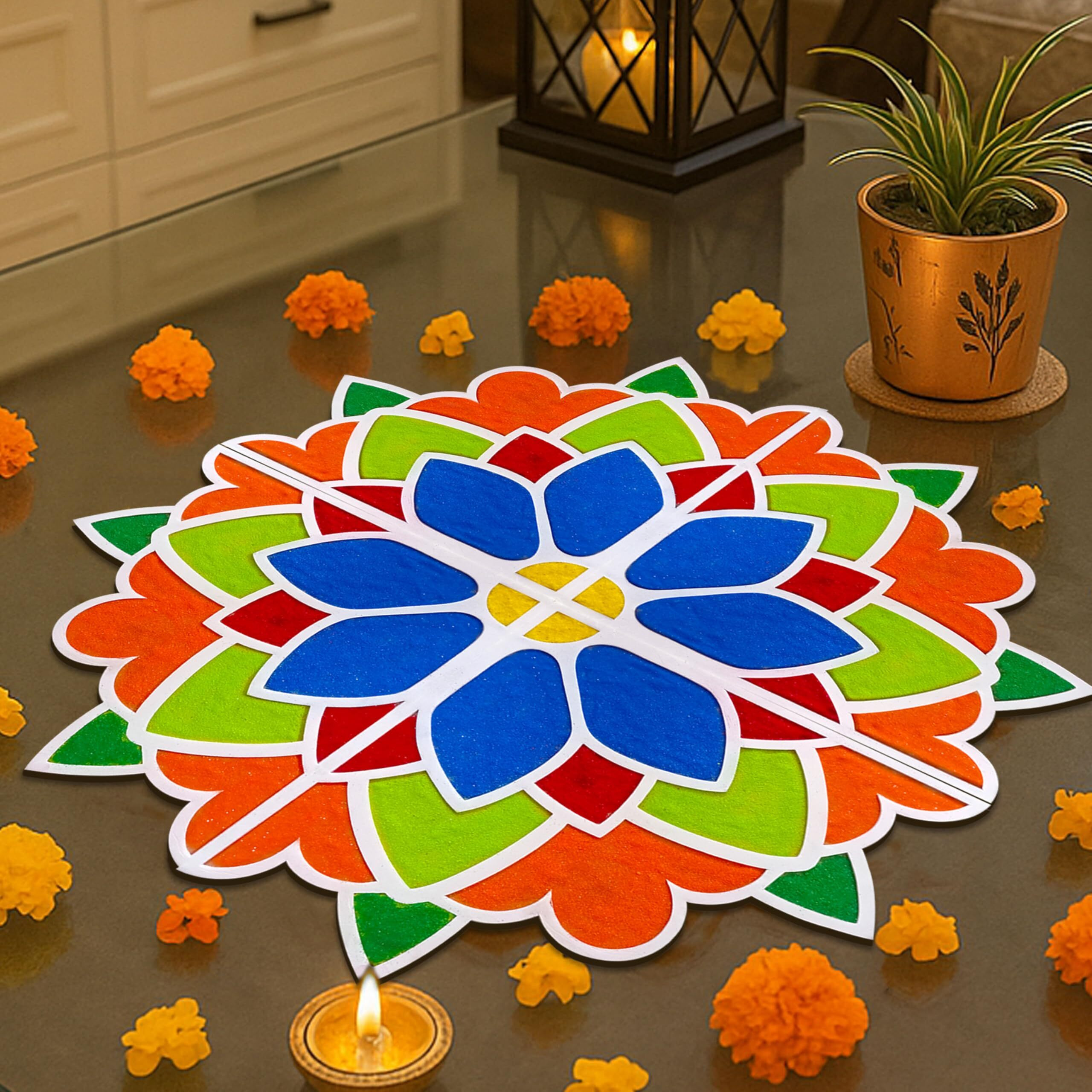 Solobolo Diy Rangoli Mats For Pooja Decoration, 4 Pieces Mdf 18 Inches Lotus Flower Rangoli Stencils For Door Entrance Big Size, 6 Rangoli Powder Colors, 2 Diwali Diya For Home Decor