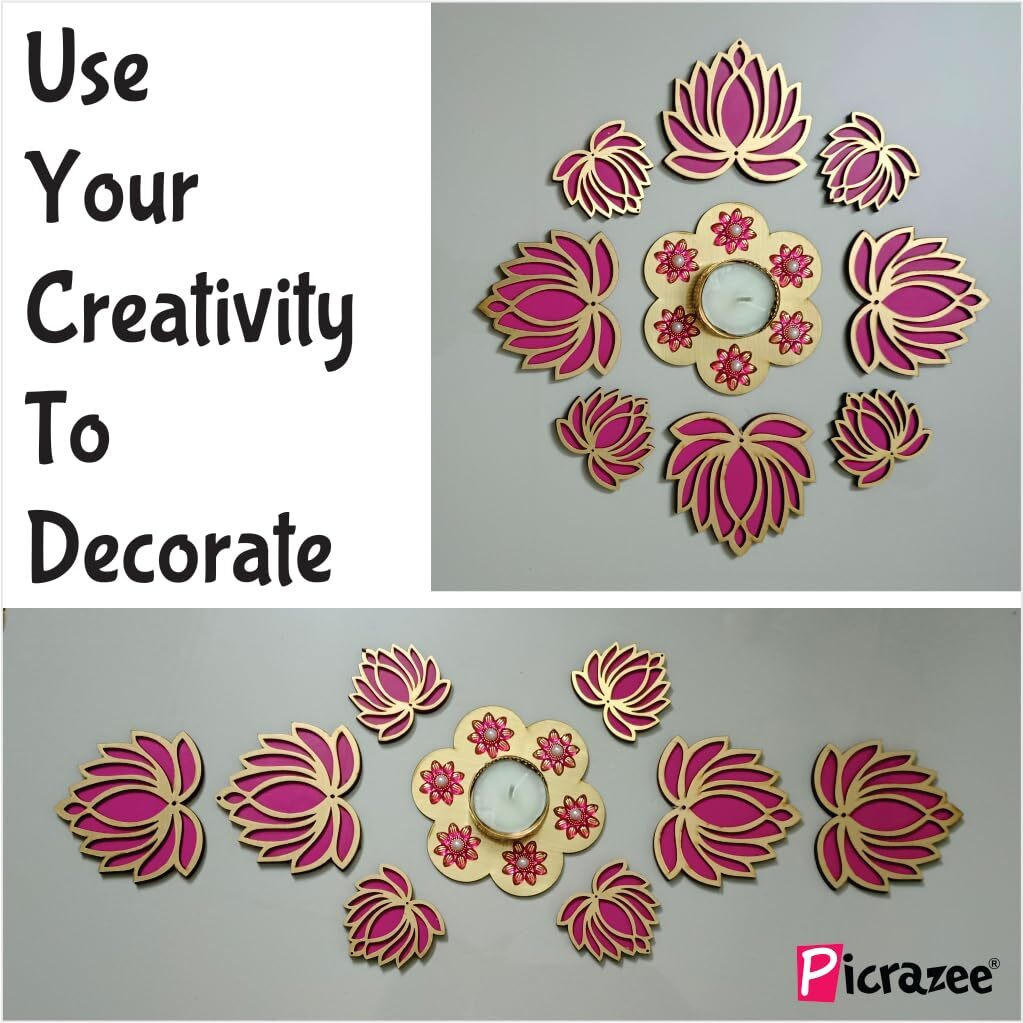 Picrazee Handcrafted Wooden Lotus Rangoli Set With Tea Lights - Set Of 8 - Home Decor, Diwali Decoration, Festival Decoration, Gifting