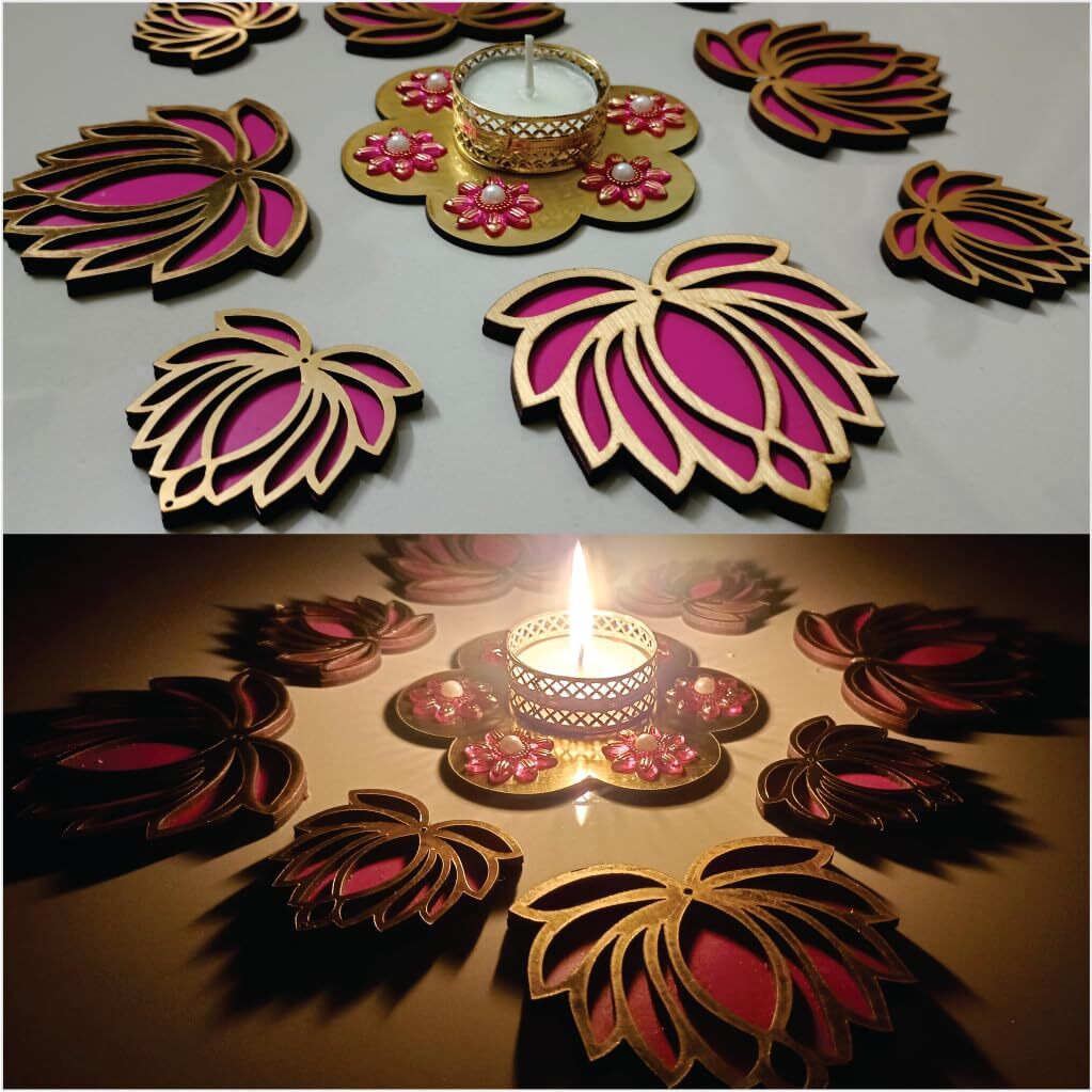 Picrazee Handcrafted Wooden Lotus Rangoli Set With Tea Lights - Set Of 8 - Home Decor, Diwali Decoration, Festival Decoration, Gifting