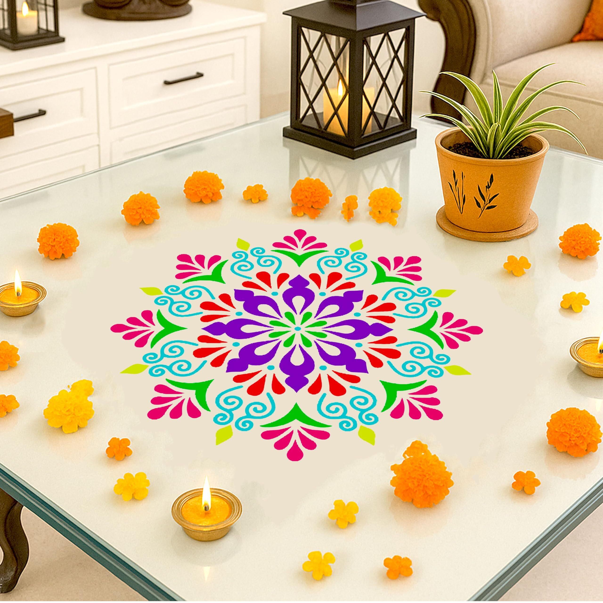 Swagstation Mandala Rangoli Stencil For Decoration For Floor With Tools Kit, 6 Rangoli Color Powder, Set Of 9 Mulitcolor Stencils Big Size