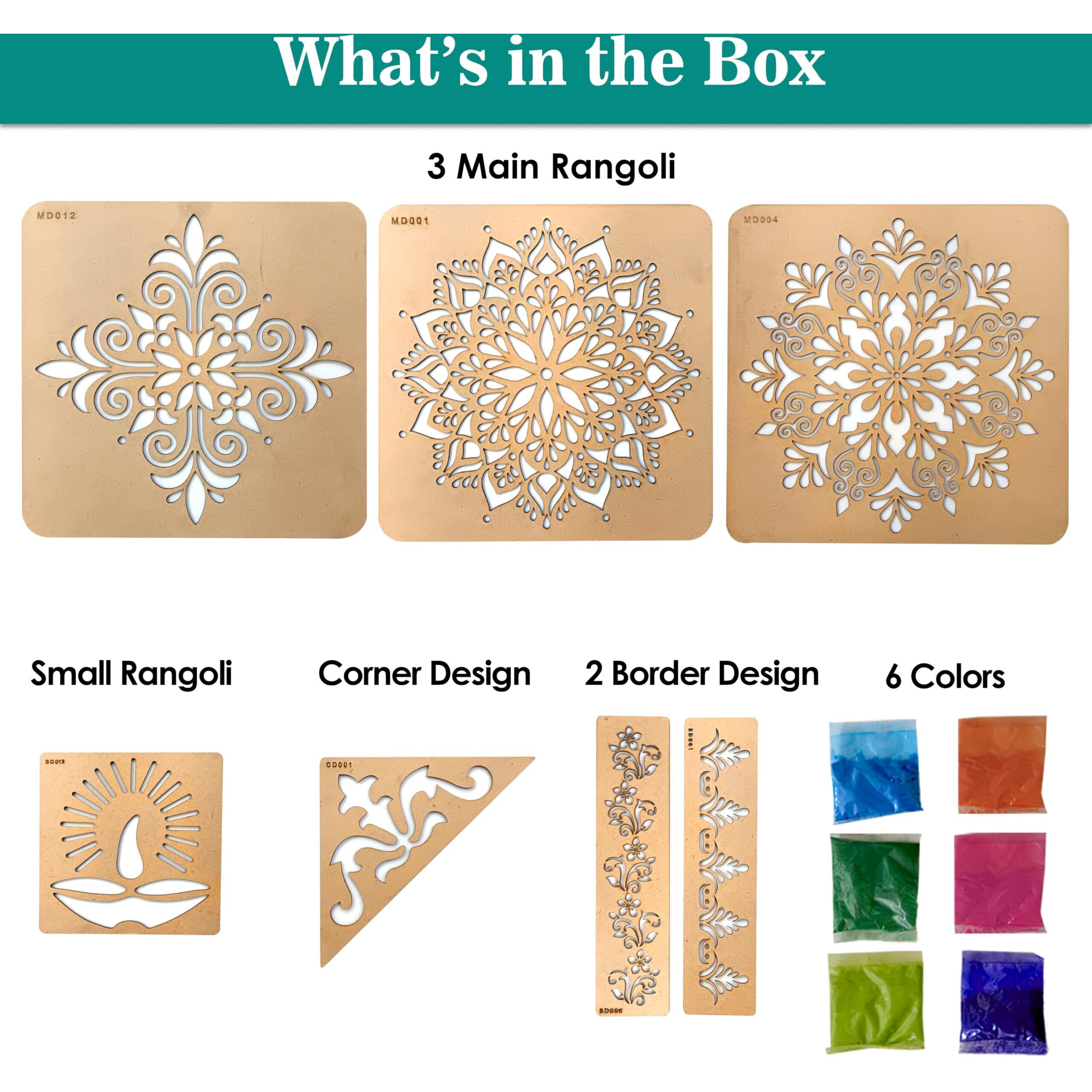 Swagstation Mandala Rangoli Stencil For Decoration For Floor With Tools Kit, 6 Rangoli Color Powder, Set Of 9 Mulitcolor Stencils Big Size