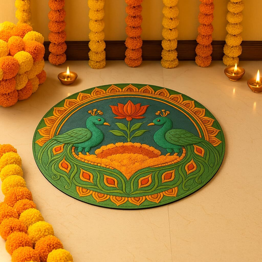 Abhaas Readymade 3D Look Rangoli 12-Inch, 4-Piece Wooden Rangoli Set For Door Entrance | Reusable Floor Rangoli For Home Decoration For Diwali, Festivals, Gifting (Peacock 3D Rangoli)