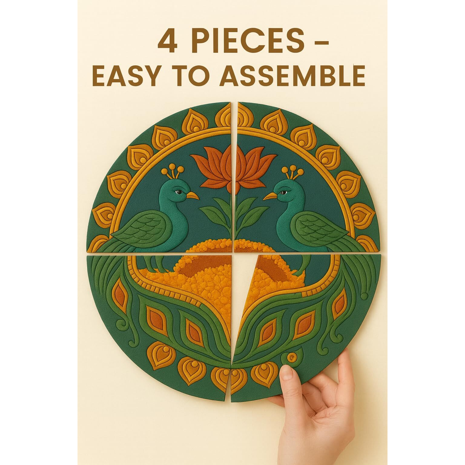 Abhaas Readymade 3D Look Rangoli 12-Inch, 4-Piece Wooden Rangoli Set For Door Entrance | Reusable Floor Rangoli For Home Decoration For Diwali, Festivals, Gifting (Peacock 3D Rangoli)