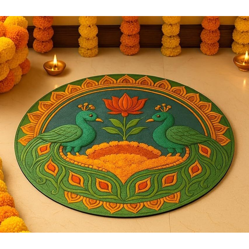 Abhaas Pooja Decoration Rangoli For Floor And Table Decor | Reusable Floor Rangoli For Home Decoration For Diwali, Ganesh Chaturthi, Durga Pooja, Gifting (12 Inches) (Peacock Design)