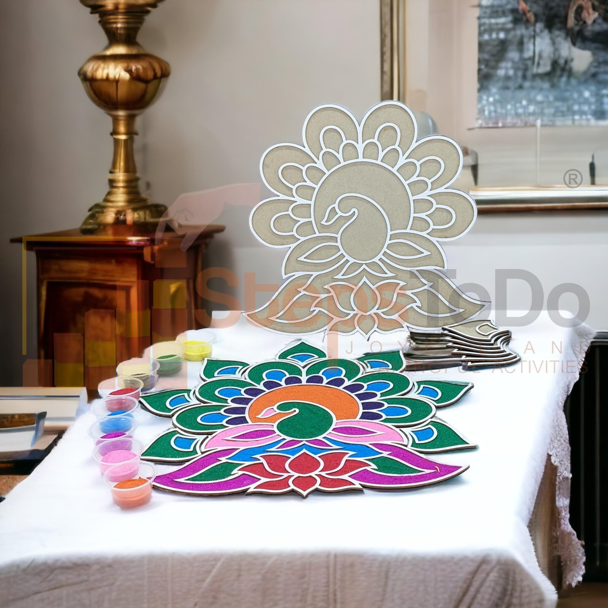 Stepstodo Reusable Portable Rangoli Template Mat. Readymade Rangoli Stencil Craft. Wooden Base. Just Fill With Rangoli Or Petals. Traditional Design With Modern Day Ease Of Use (Design I) (11.5Inch)