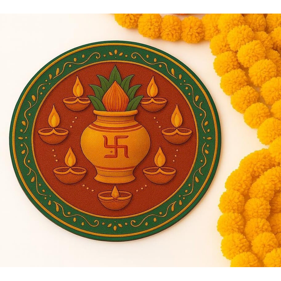 Abhaas Pooja Decoration Wooden Rangoli For Floor And Table Decor | Reusable Floor Rangoli For Home Decoration For Diwali, Ganesh Chaturthi, Durga Pooja, Gifting (12 Inches) (Kalash Design)