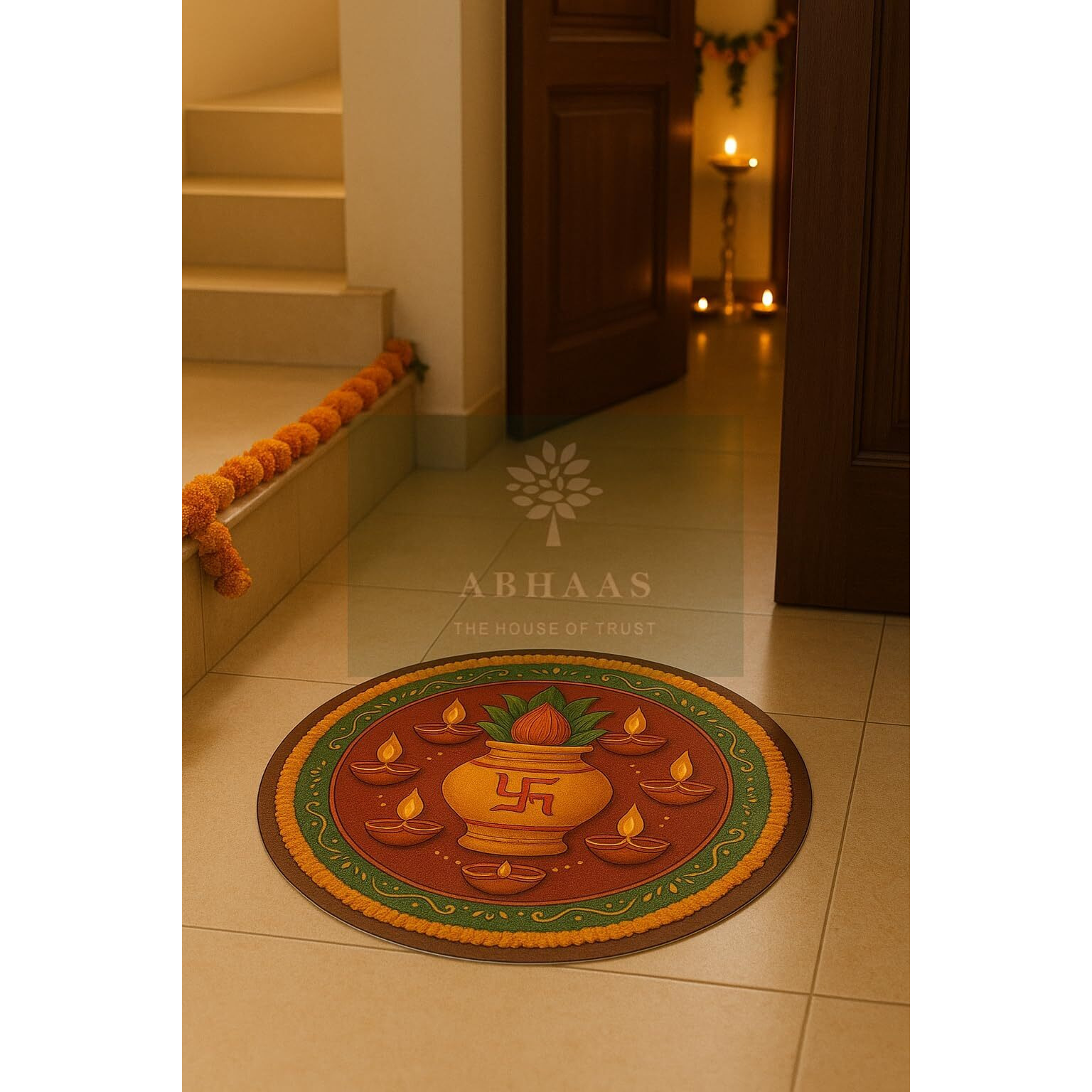Abhaas Pooja Decoration Wooden Rangoli For Floor And Table Decor | Reusable Floor Rangoli For Home Decoration For Diwali, Ganesh Chaturthi, Durga Pooja, Gifting (12 Inches) (Kalash Design)