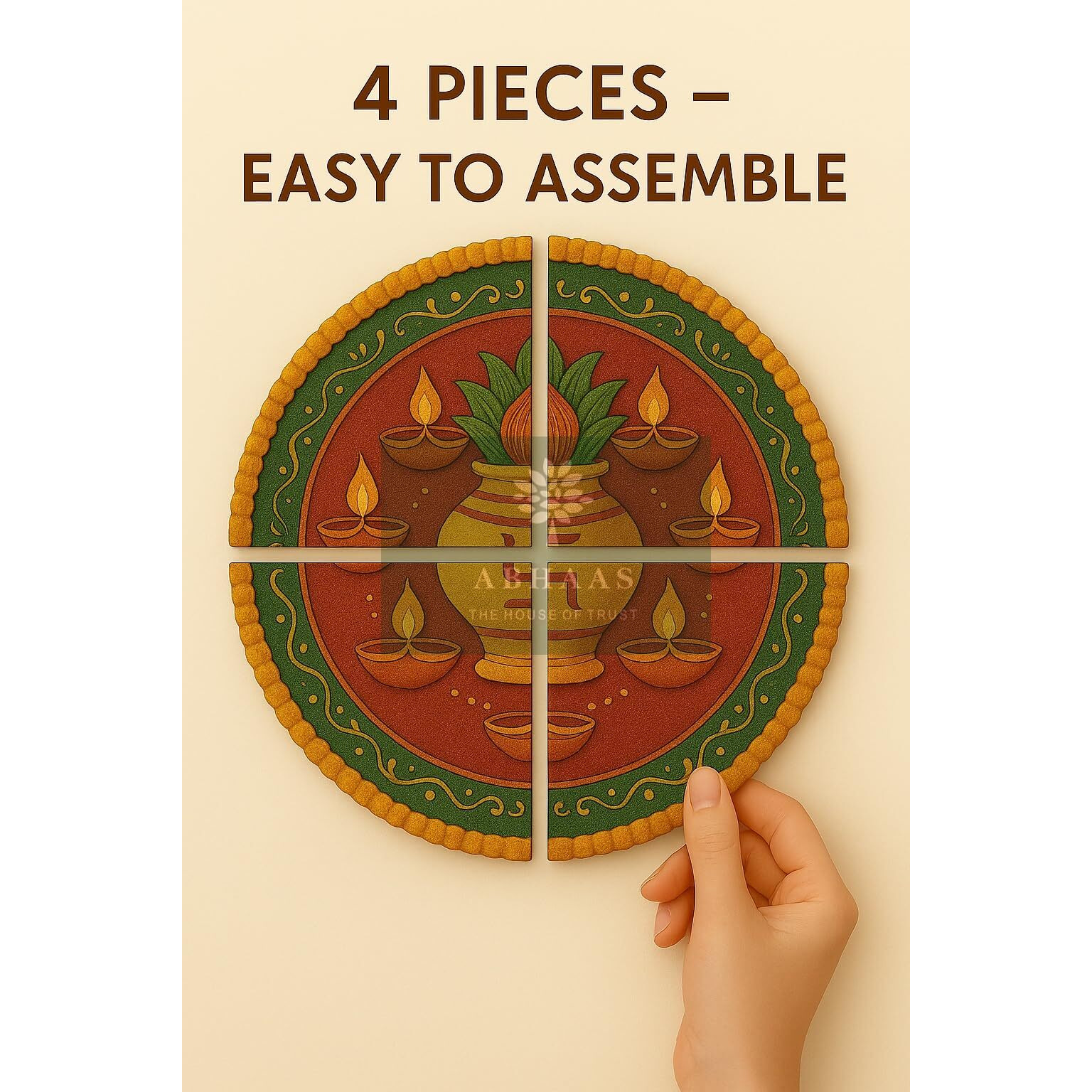 Abhaas Pooja Decoration Wooden Rangoli For Floor And Table Decor | Reusable Floor Rangoli For Home Decoration For Diwali, Ganesh Chaturthi, Durga Pooja, Gifting (12 Inches) (Kalash Design)
