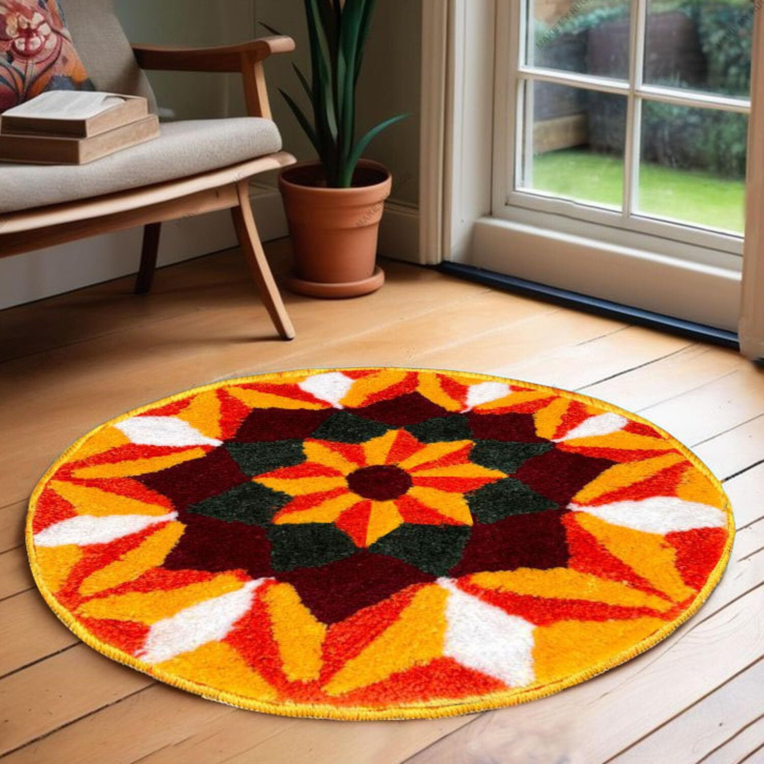 Stromx Super Soft Microfiber Rangoli Round Mat For Floor, Temple, Festival Rangoli Mat, Multicolor Pooja Mat, Diwali, Living Room, Kitchen, Traditional Modern Entrance Door Mat (24X24 Inch) Design07