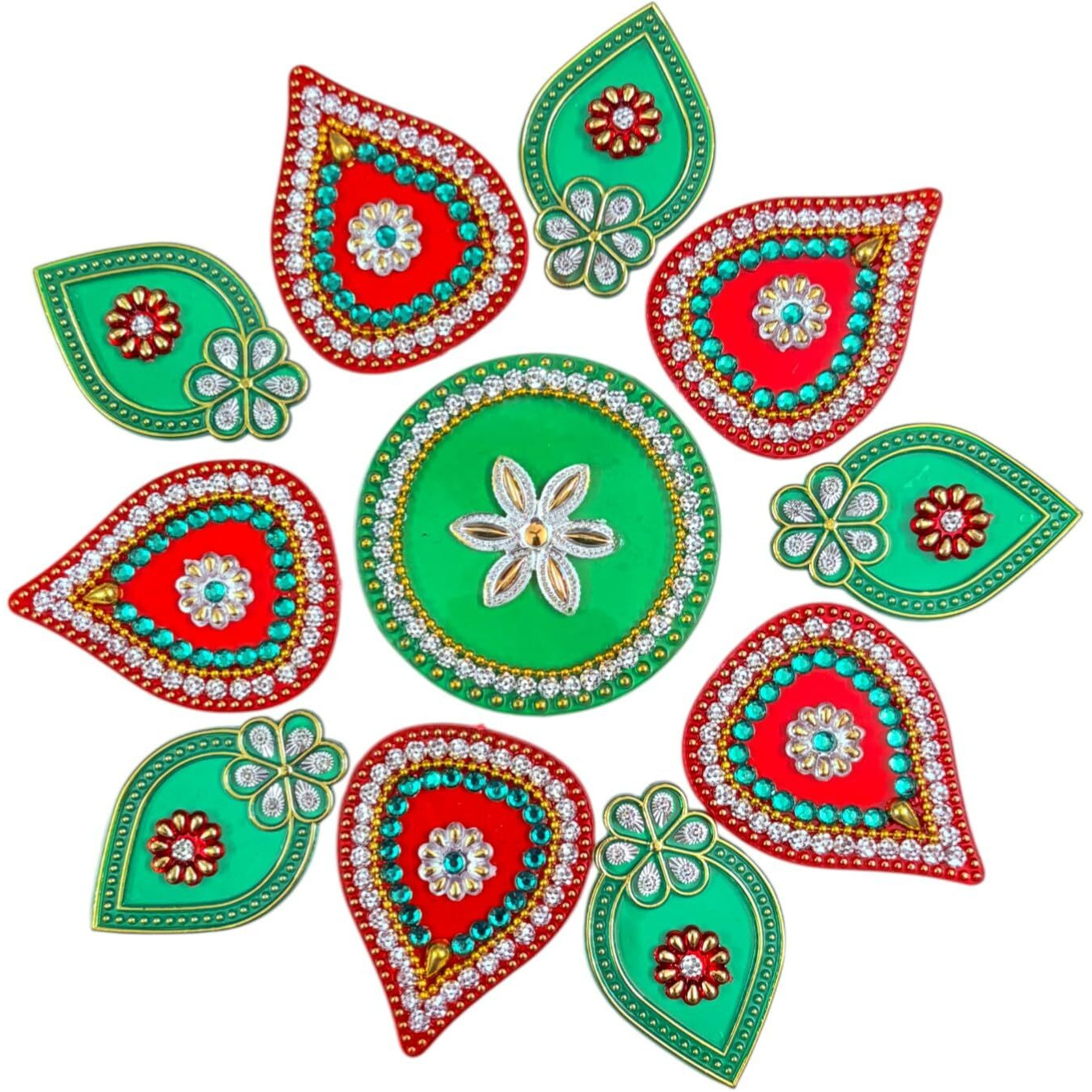 Kriwin Acrylic Rangoli 11-Inch Red And Green With Studded Stones, Traditional Festival Decoration For Home