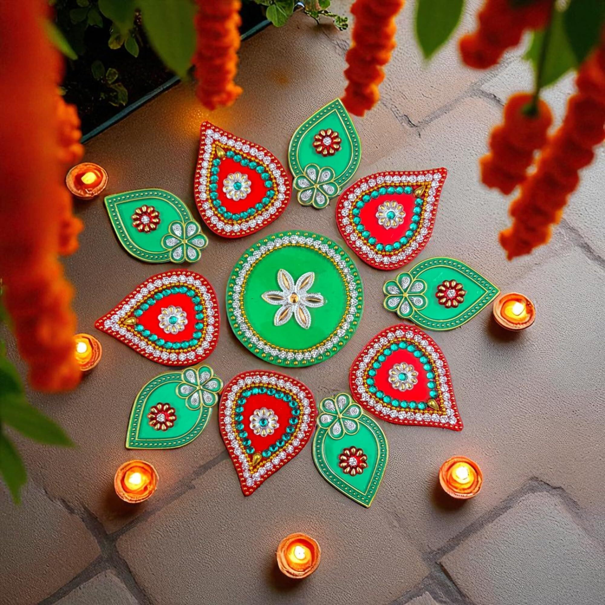 Kriwin Acrylic Rangoli 11-Inch Red And Green With Studded Stones, Traditional Festival Decoration For Home