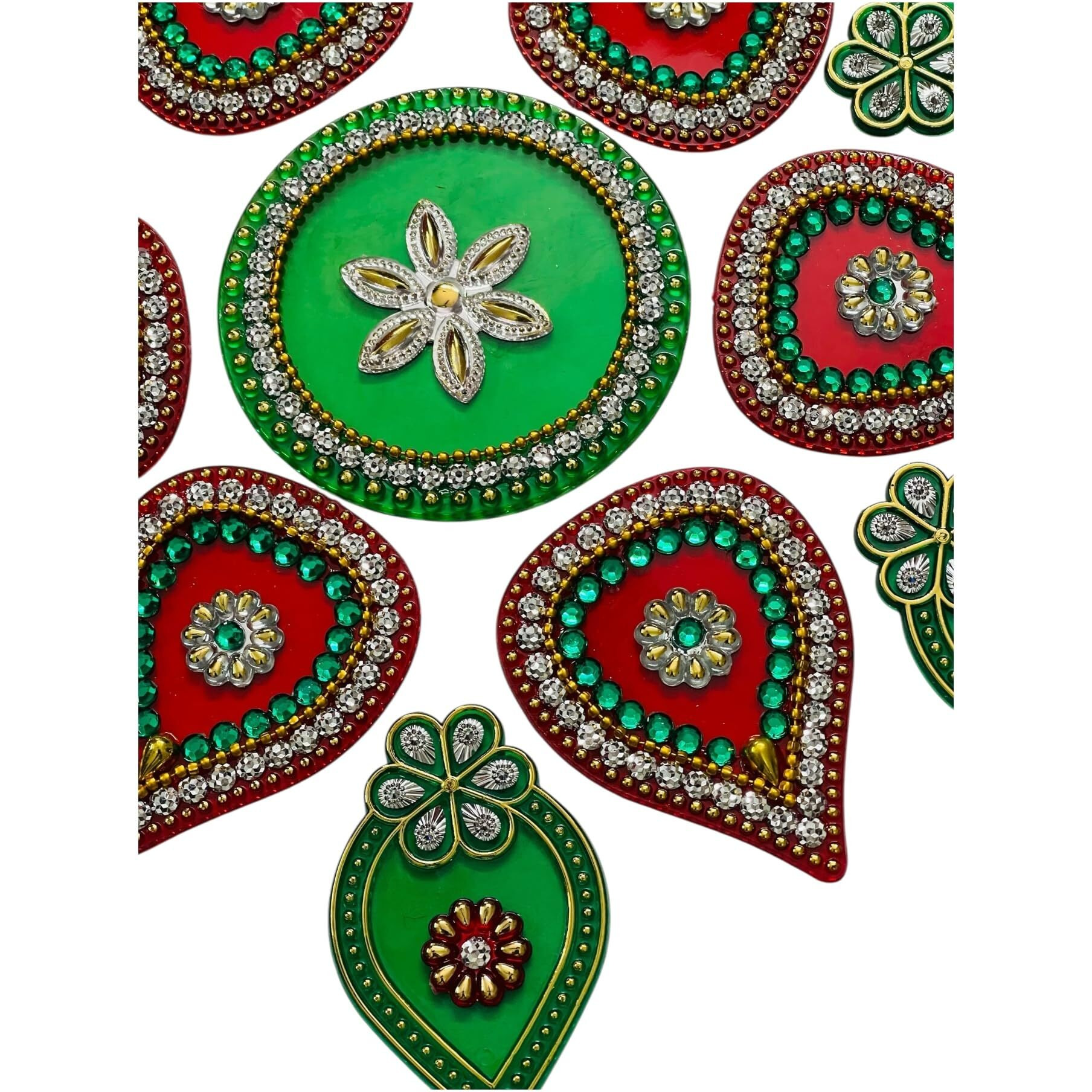 Kriwin Acrylic Rangoli 11-Inch Red And Green With Studded Stones, Traditional Festival Decoration For Home