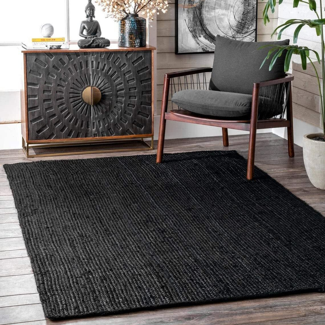 Habere India-All The Cultures Fabricating India Runner For Bedroom | Carpet & Rugs For Living Room | Centre Table Carpet | Jute Floor Mat (Black Colour, 3 X 5 Ft, Rectangular)